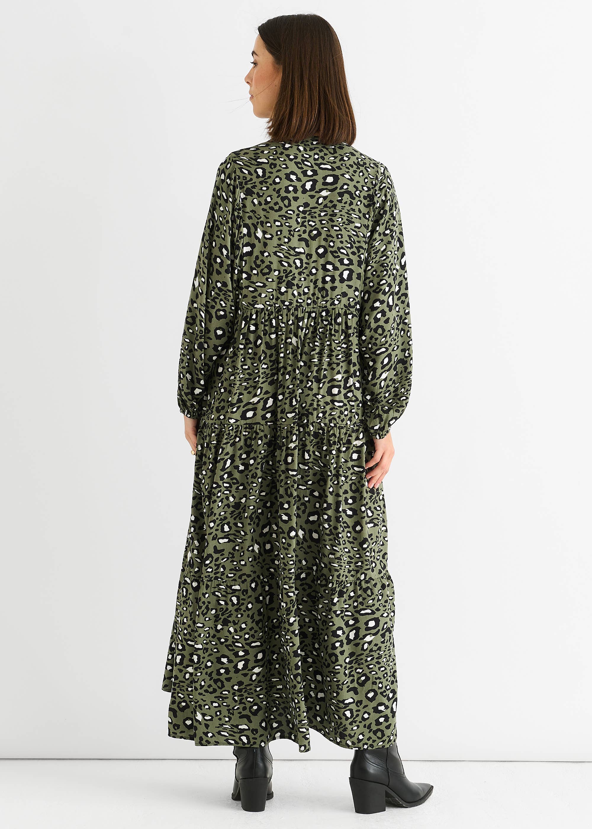 Khaki Viscose Animal Oversized Smock Maxi Dress