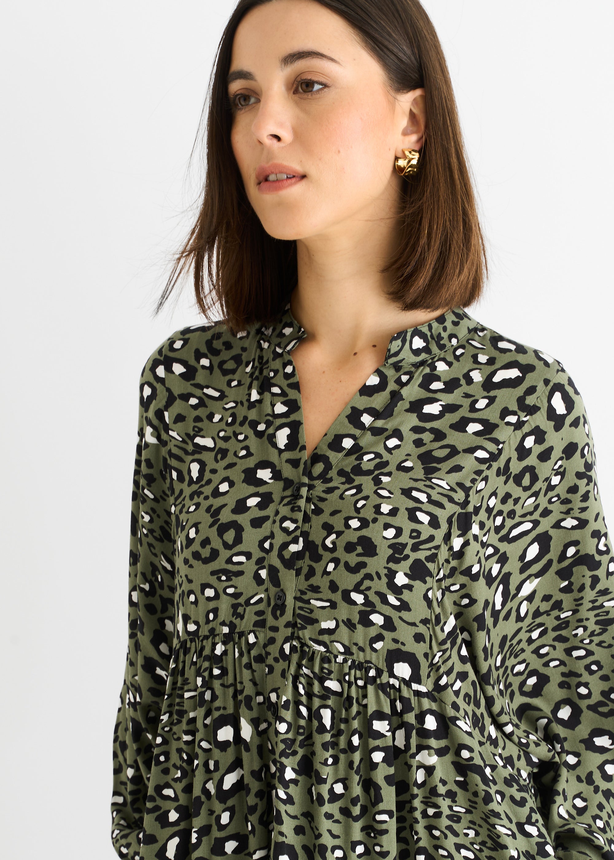 Khaki Viscose Animal Oversized Smock Maxi Dress