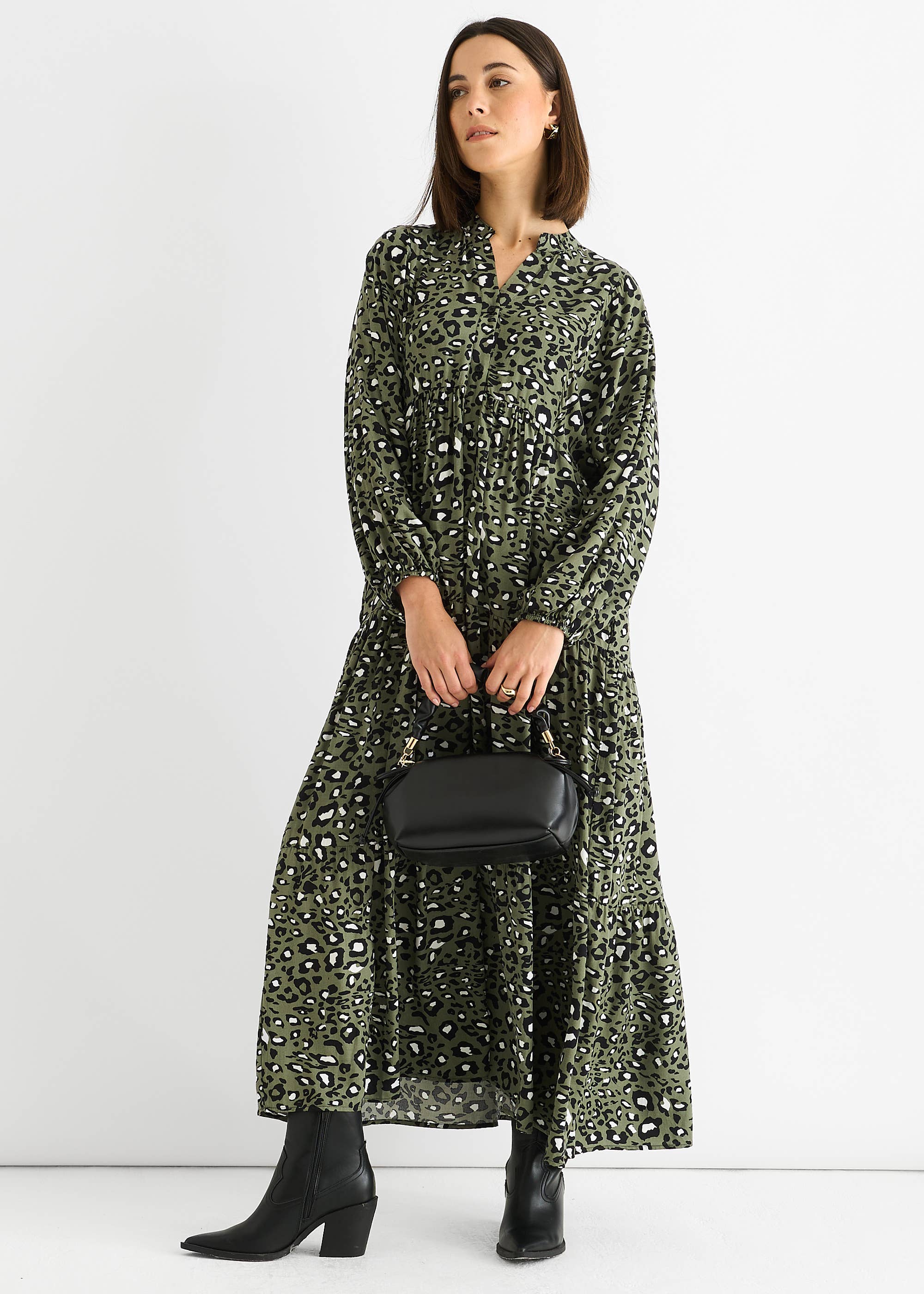 Khaki Viscose Animal Oversized Smock Maxi Dress