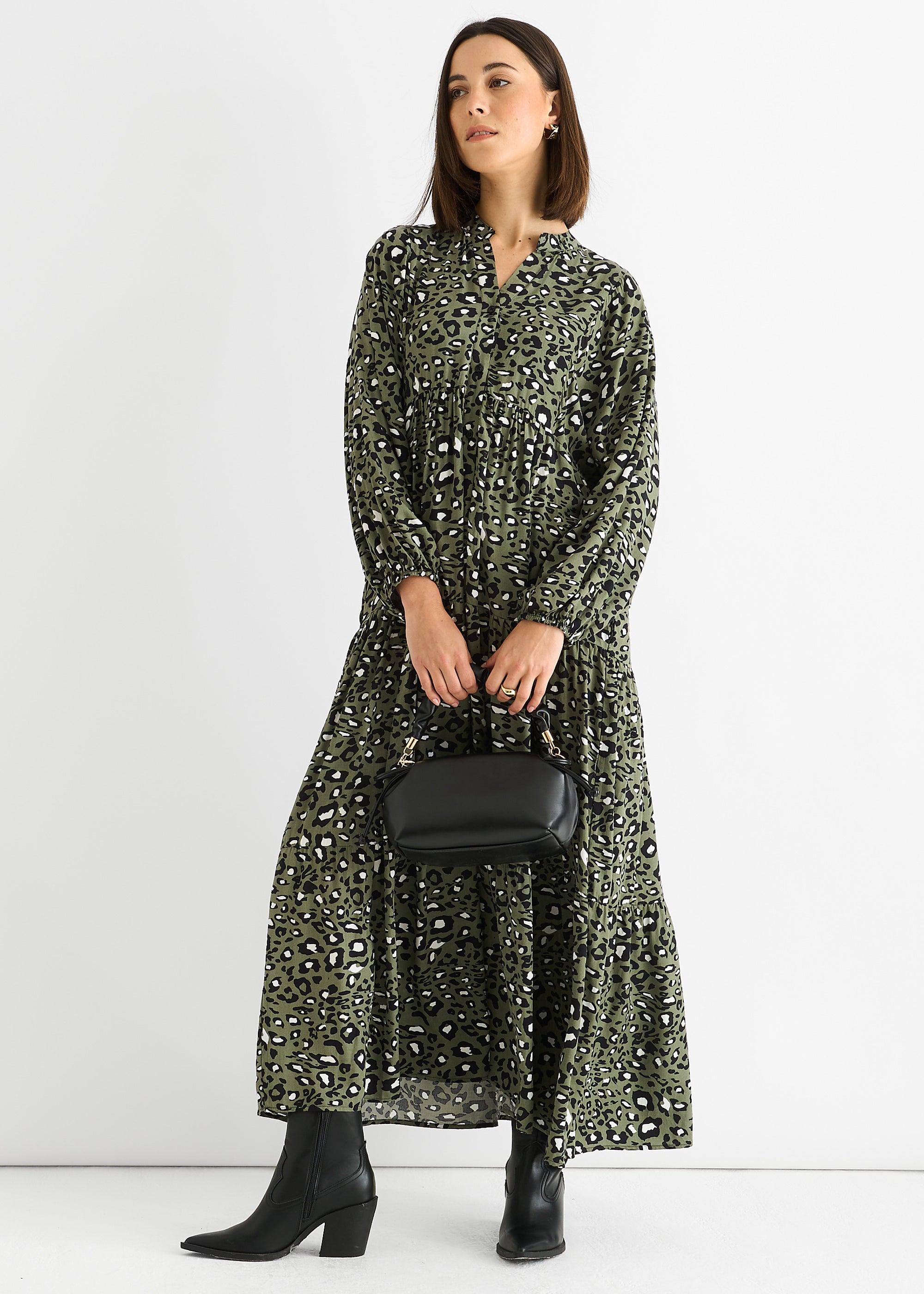 Khaki Viscose Animal Oversized Smock Maxi Dress