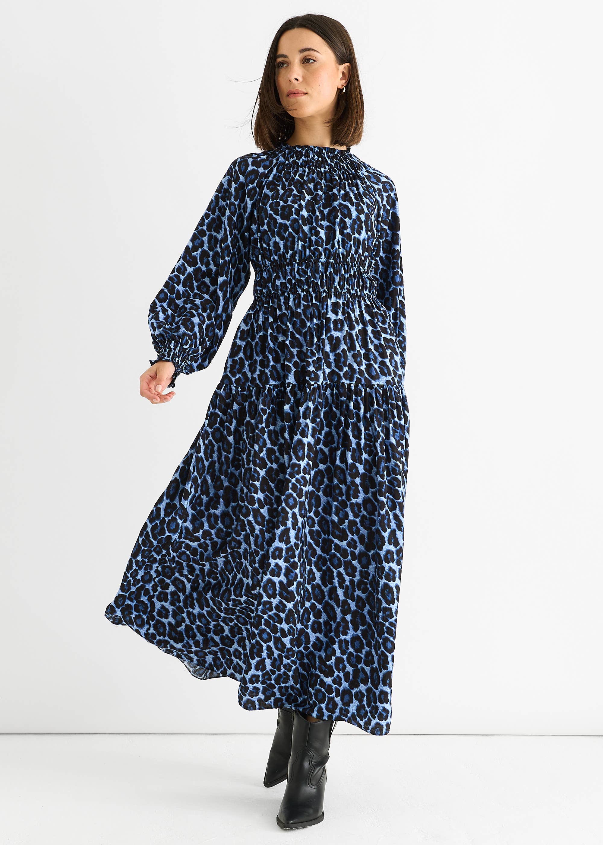 Blue Animal Print Shirred High Neck Maxi Dress
