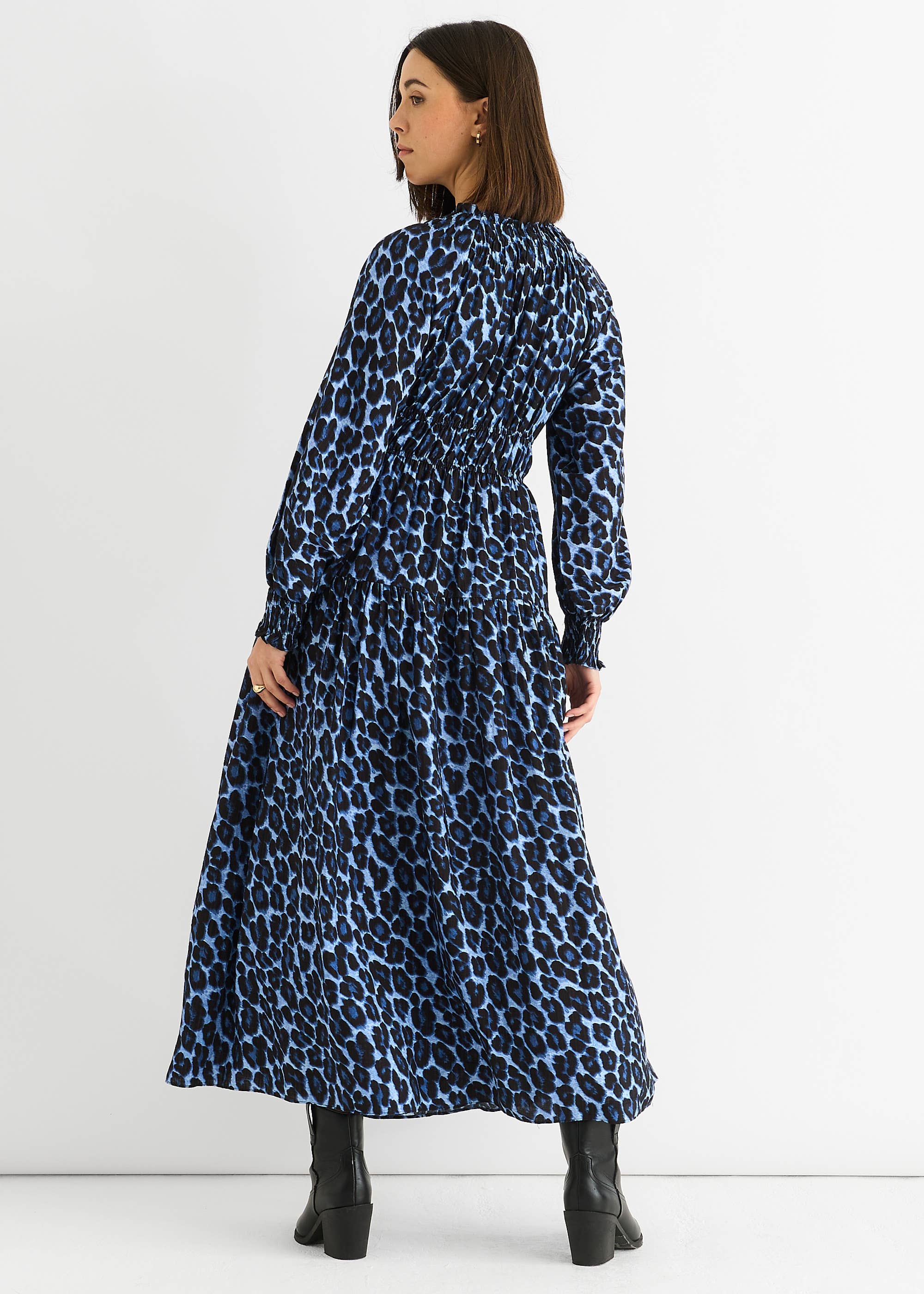 Blue Animal Print Shirred High Neck Maxi Dress