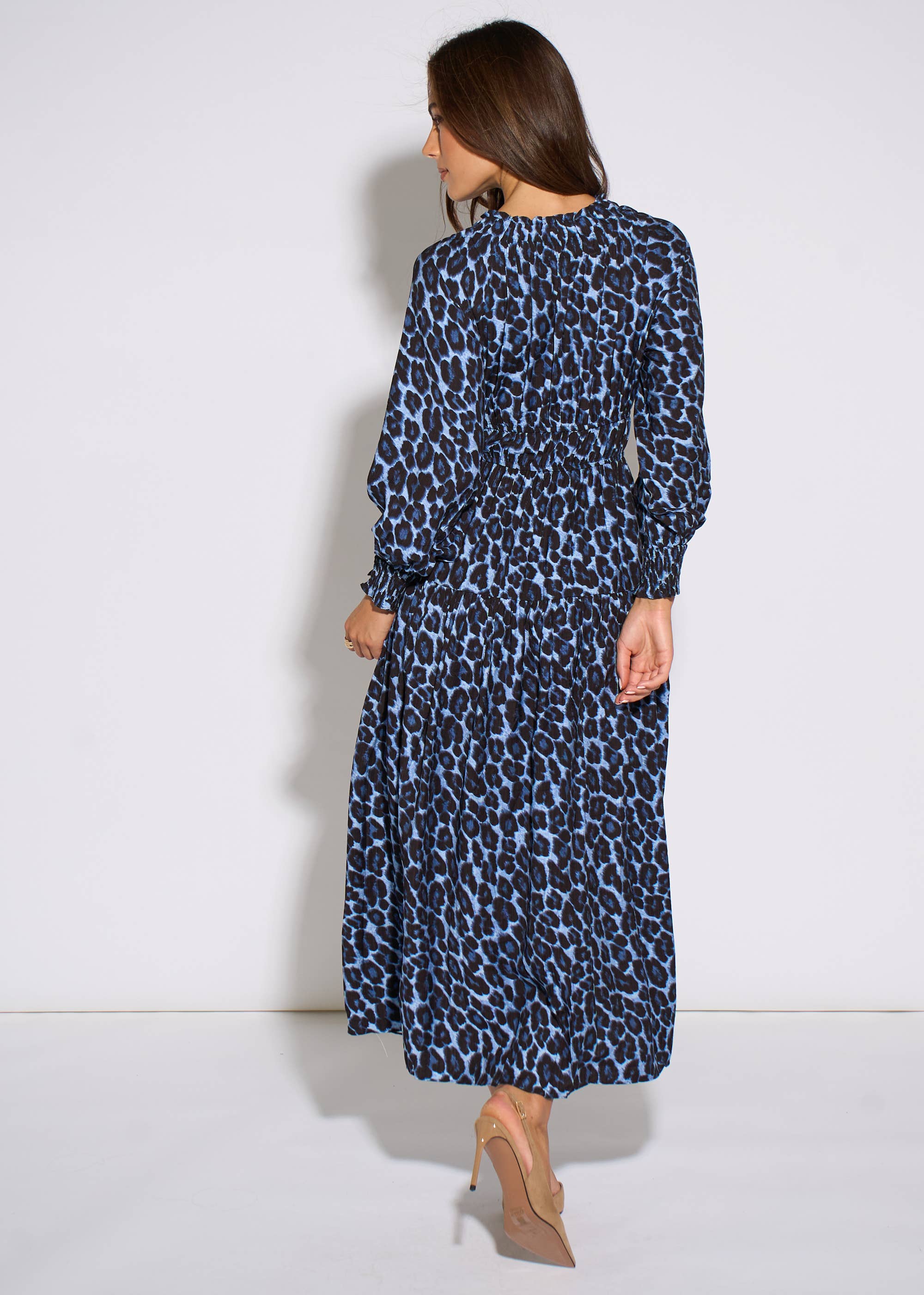 Blue Animal Print Shirred High Neck Maxi Dress
