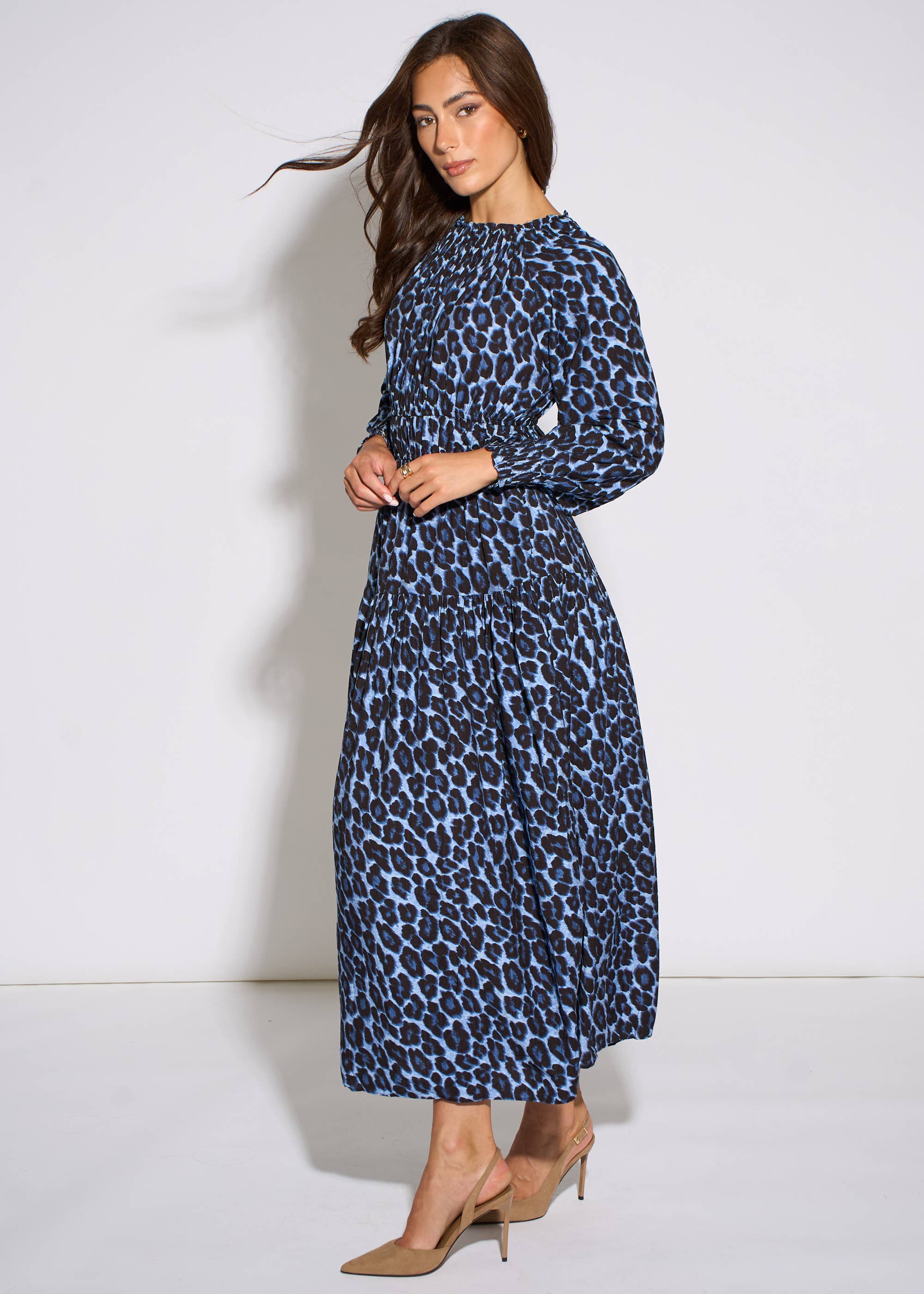 Blue Animal Print Shirred High Neck Maxi Dress
