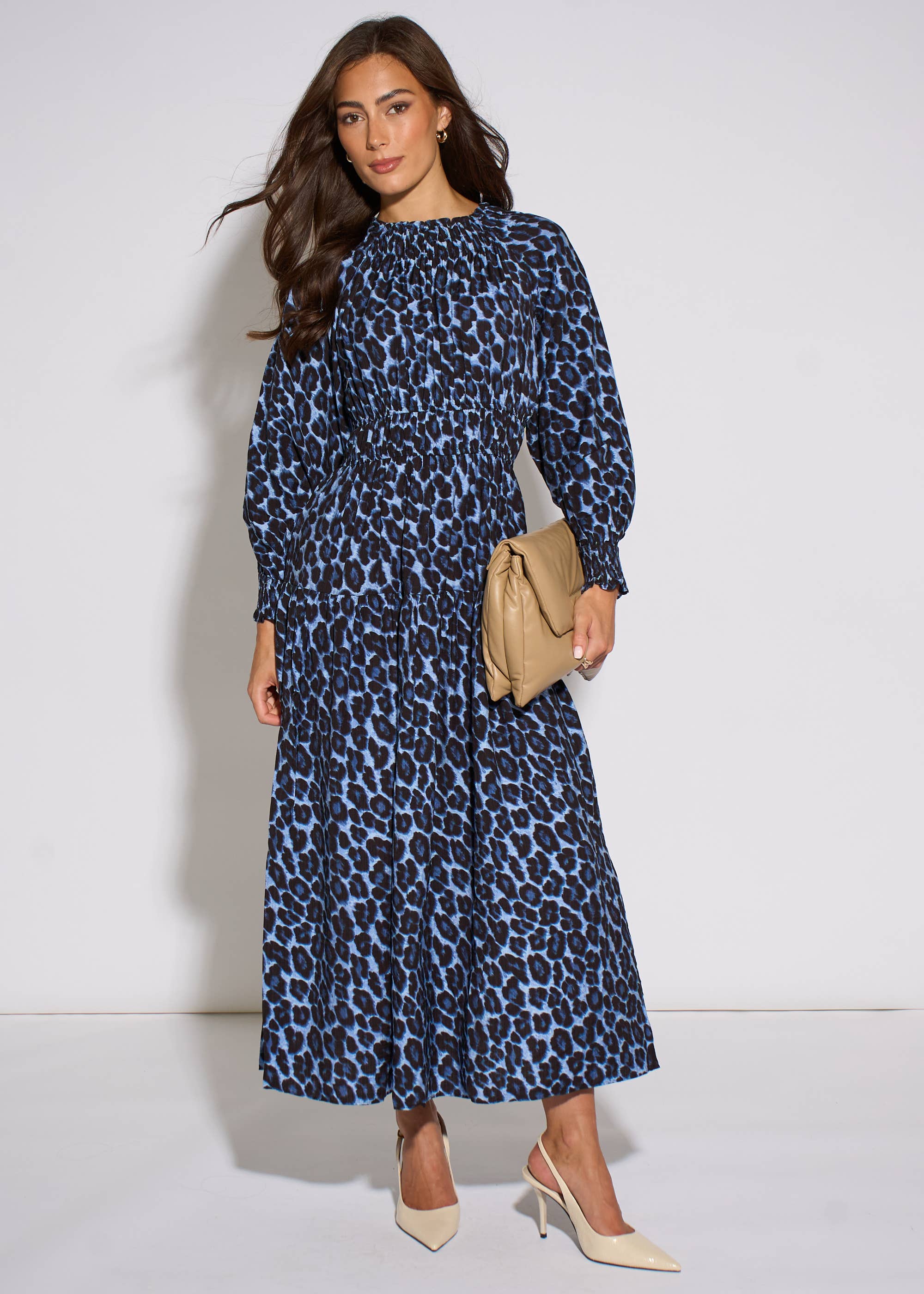 Blue Animal Print Shirred High Neck Maxi Dress