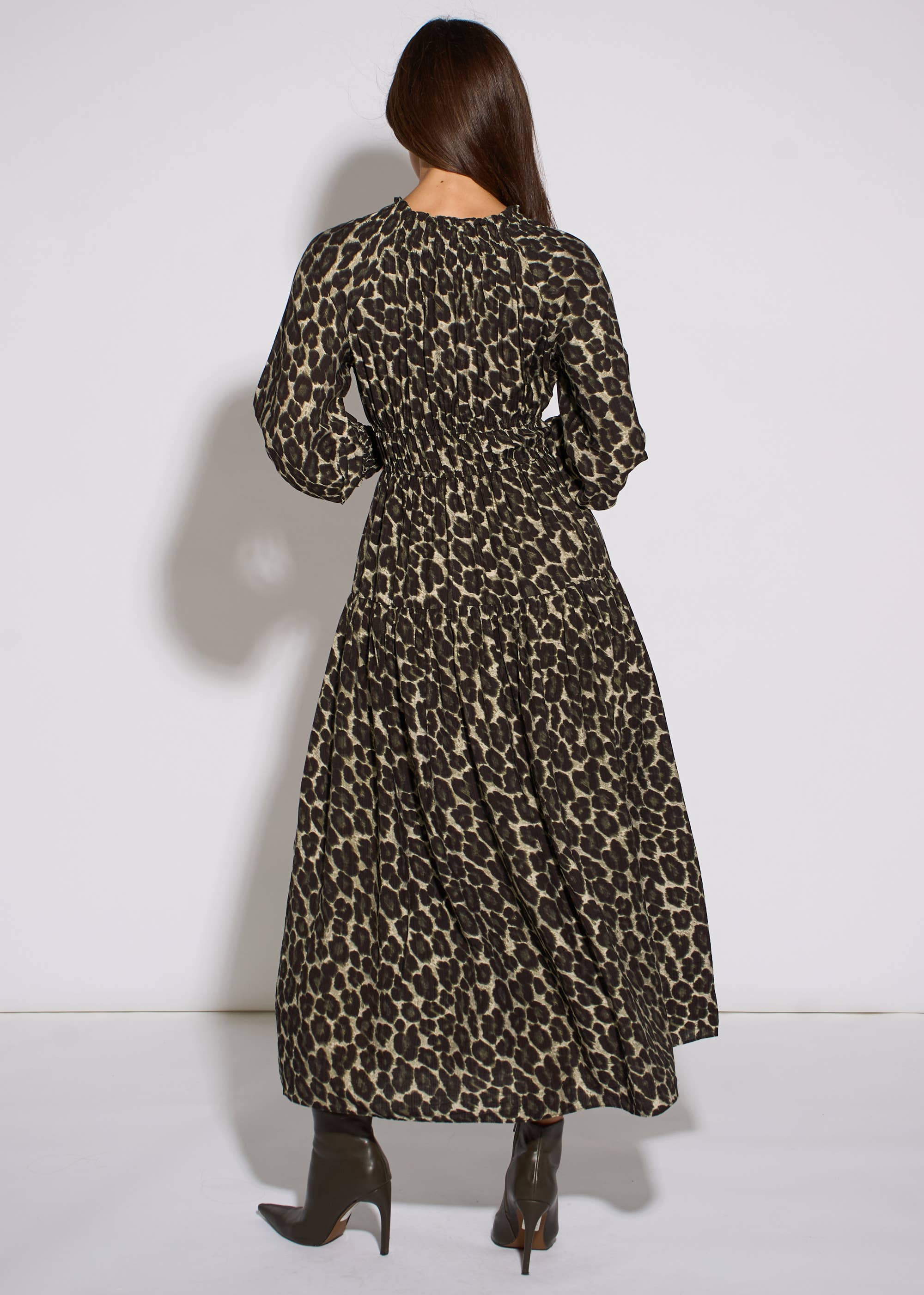 Khaki Animal Print Shirred High Neck Maxi Dress