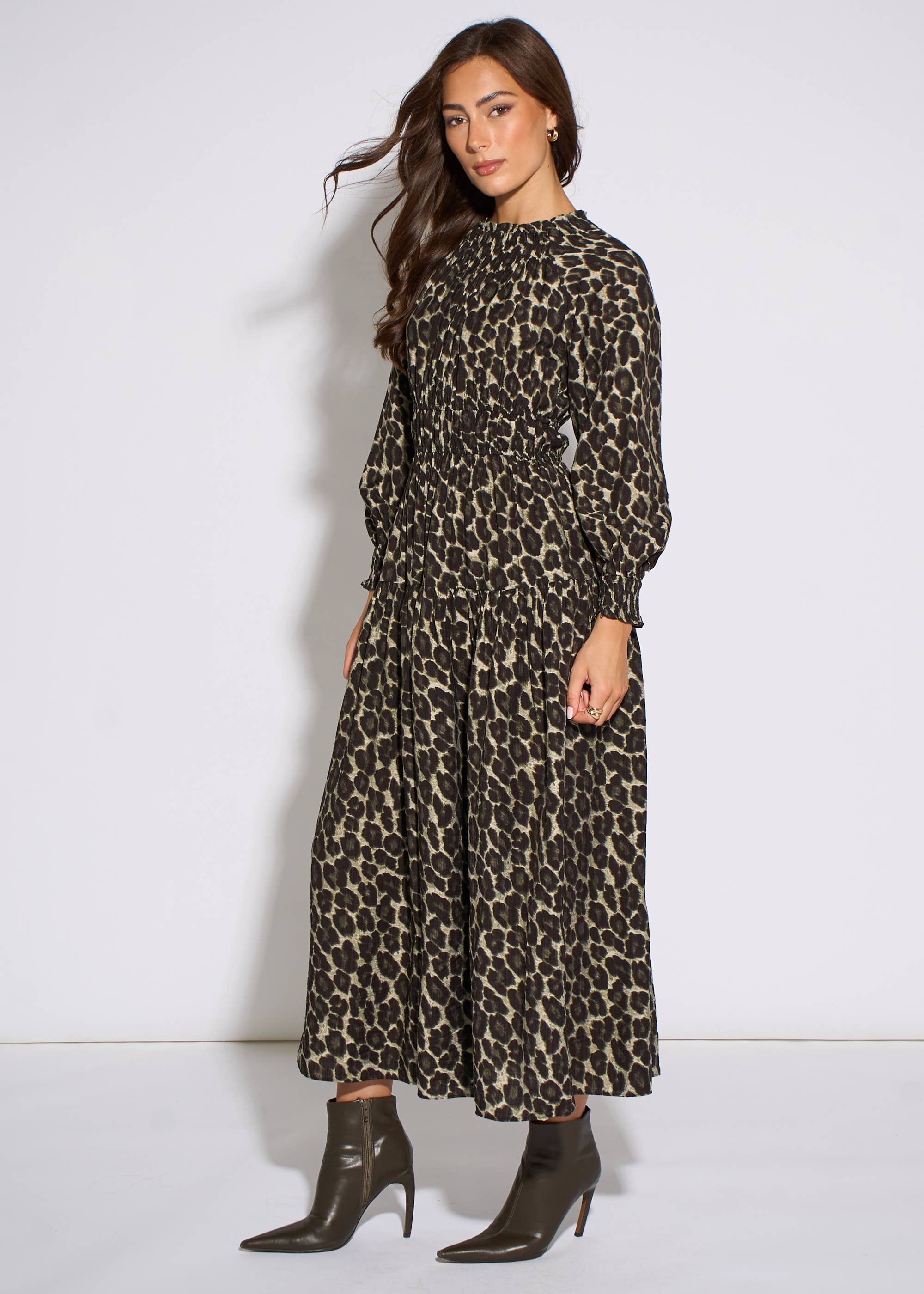 Khaki Animal Print Shirred High Neck Maxi Dress