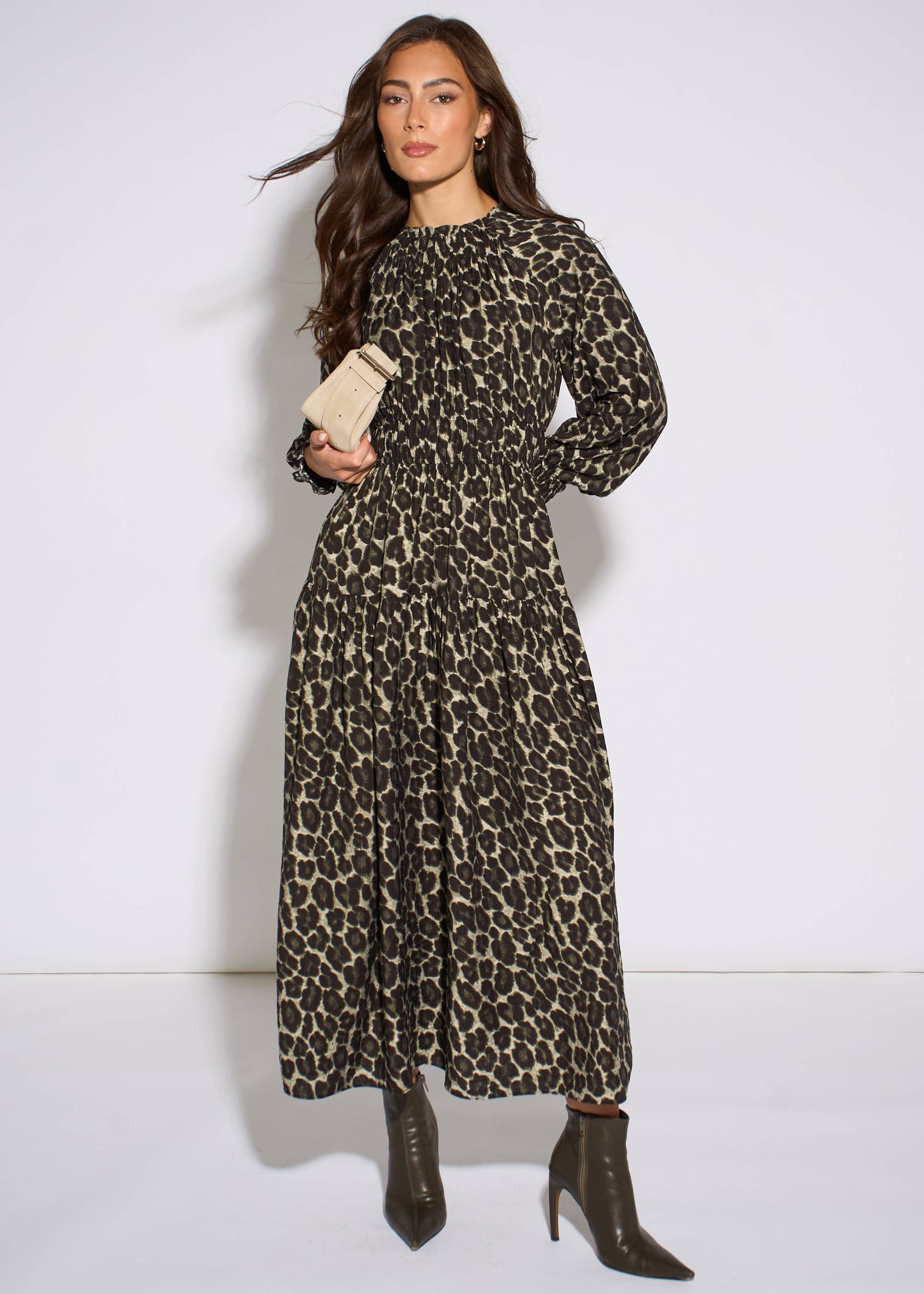 Khaki Animal Print Shirred High Neck Maxi Dress