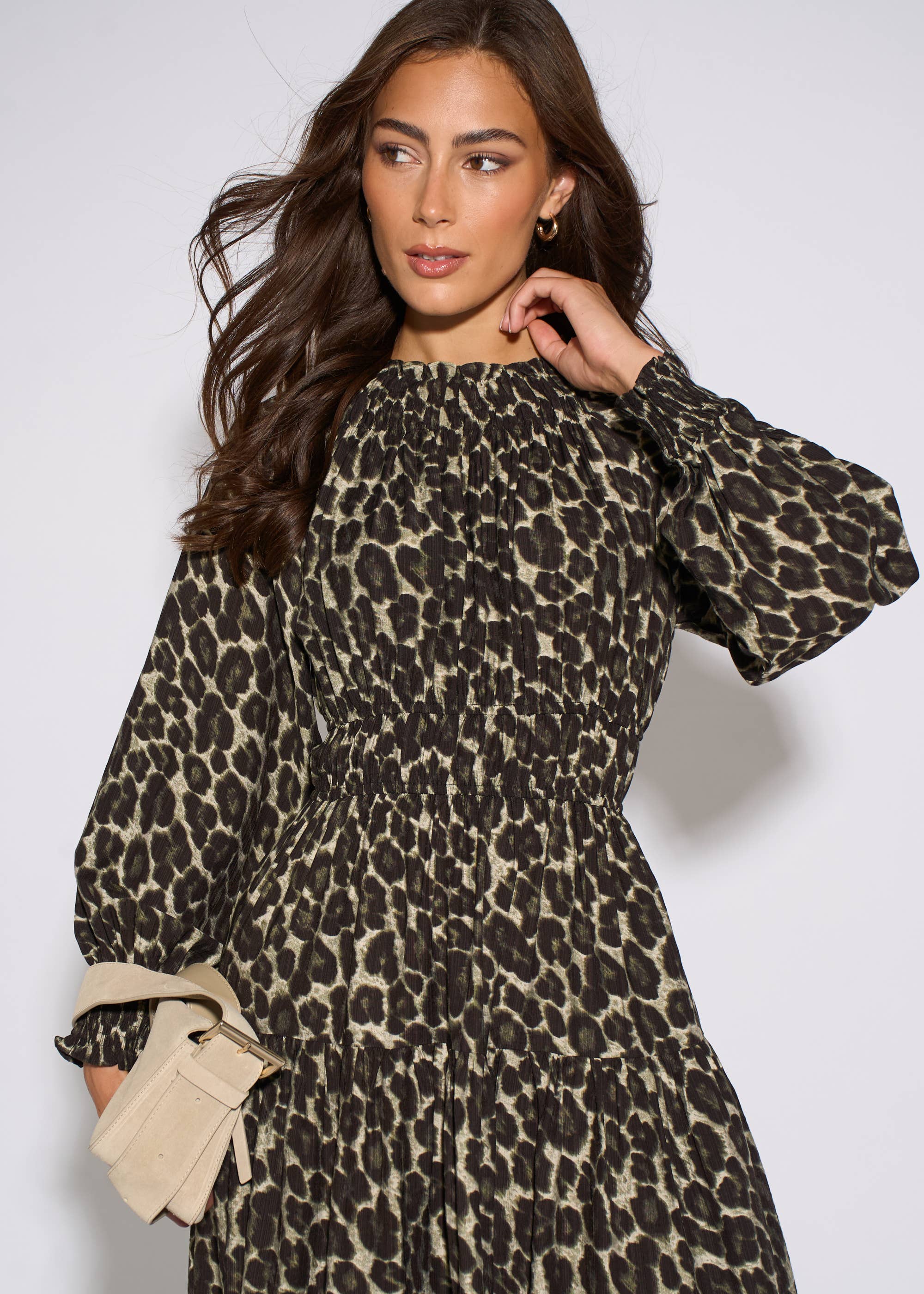 Khaki Animal Print Shirred High Neck Maxi Dress