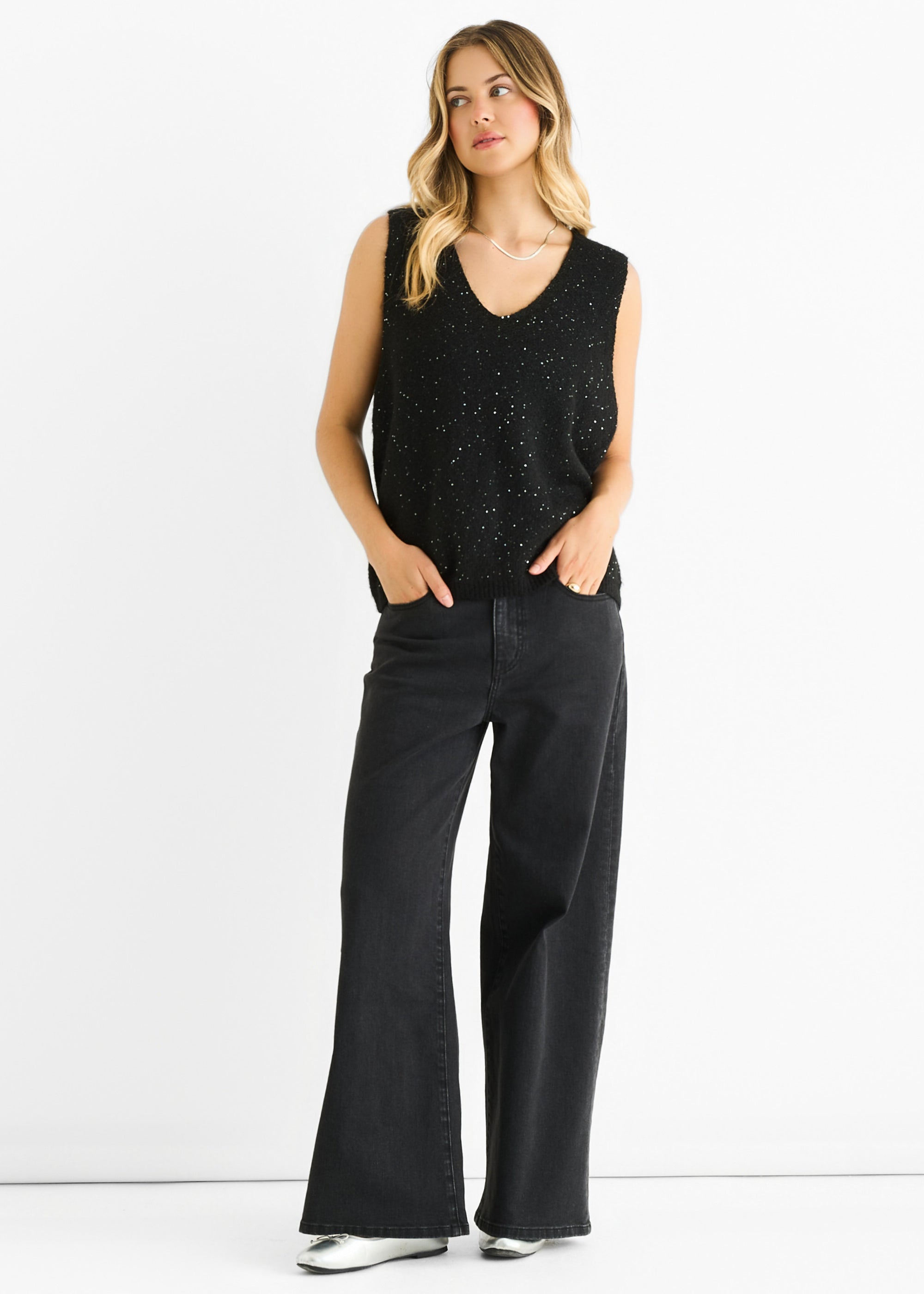 Sequin Sparkle V Neck Vest Knit Jumper