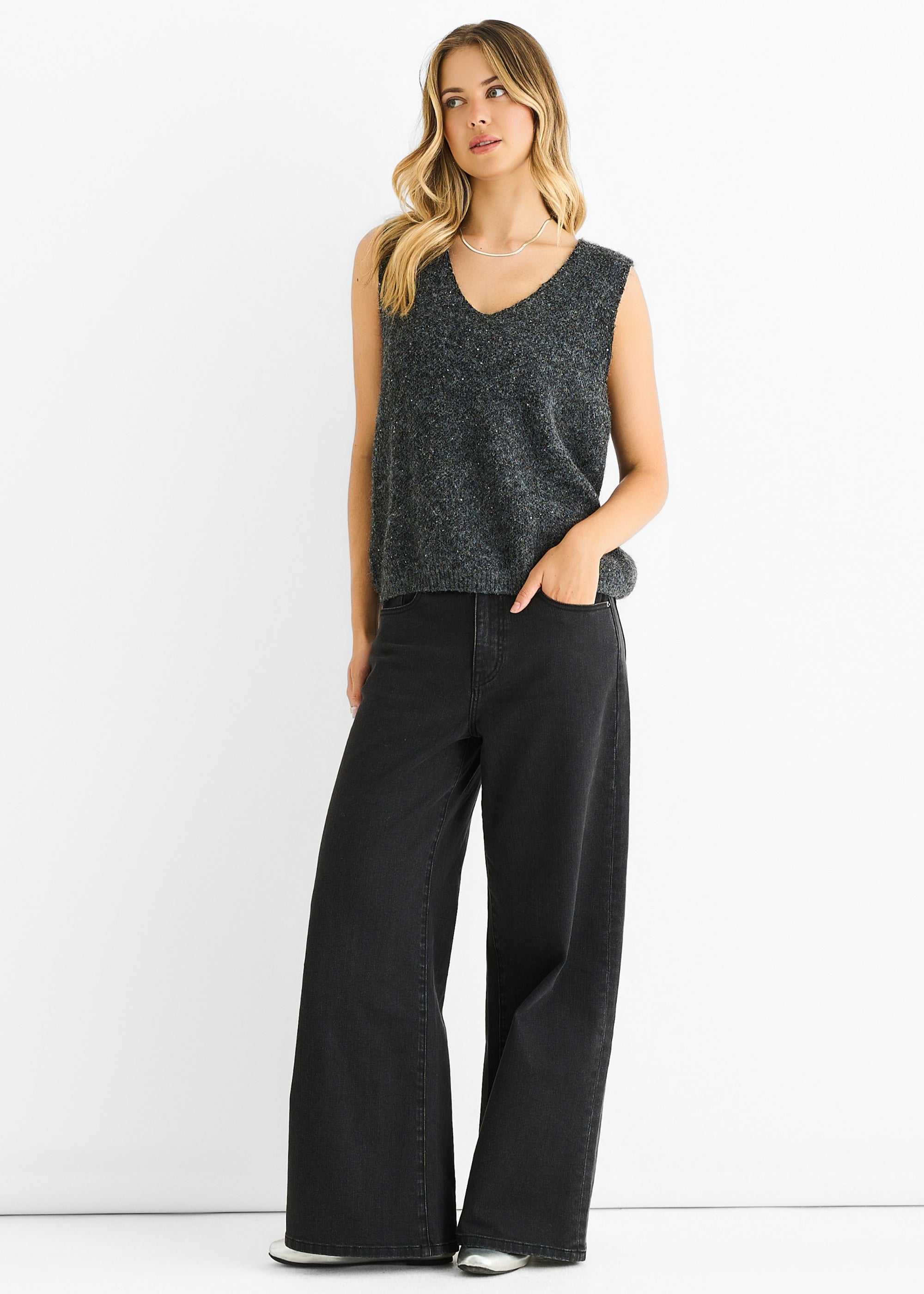 Sequin Sparkle V Neck Vest Knit Jumper