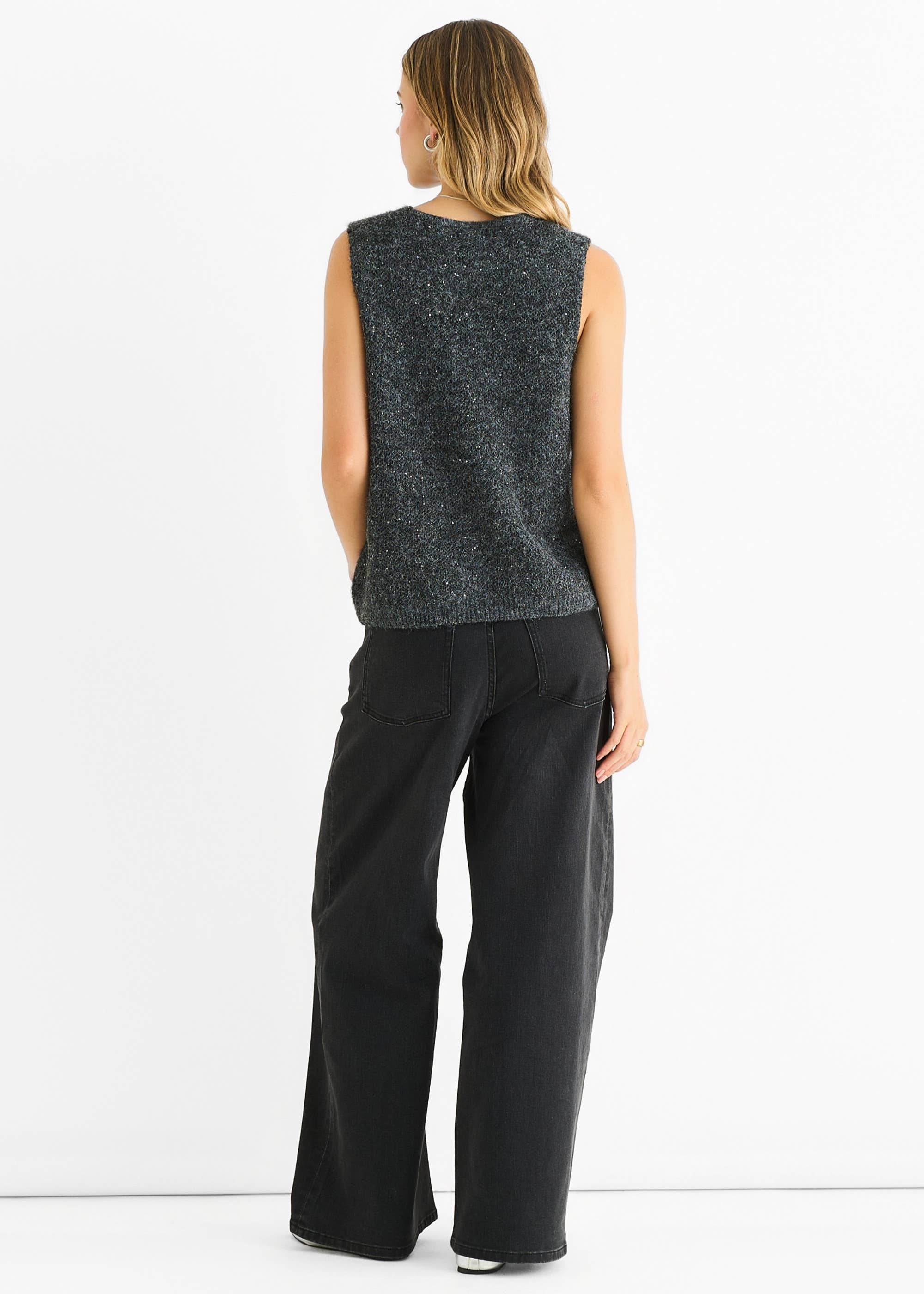 Grey Sequin Sparkle V Neck Vest Knit Jumper