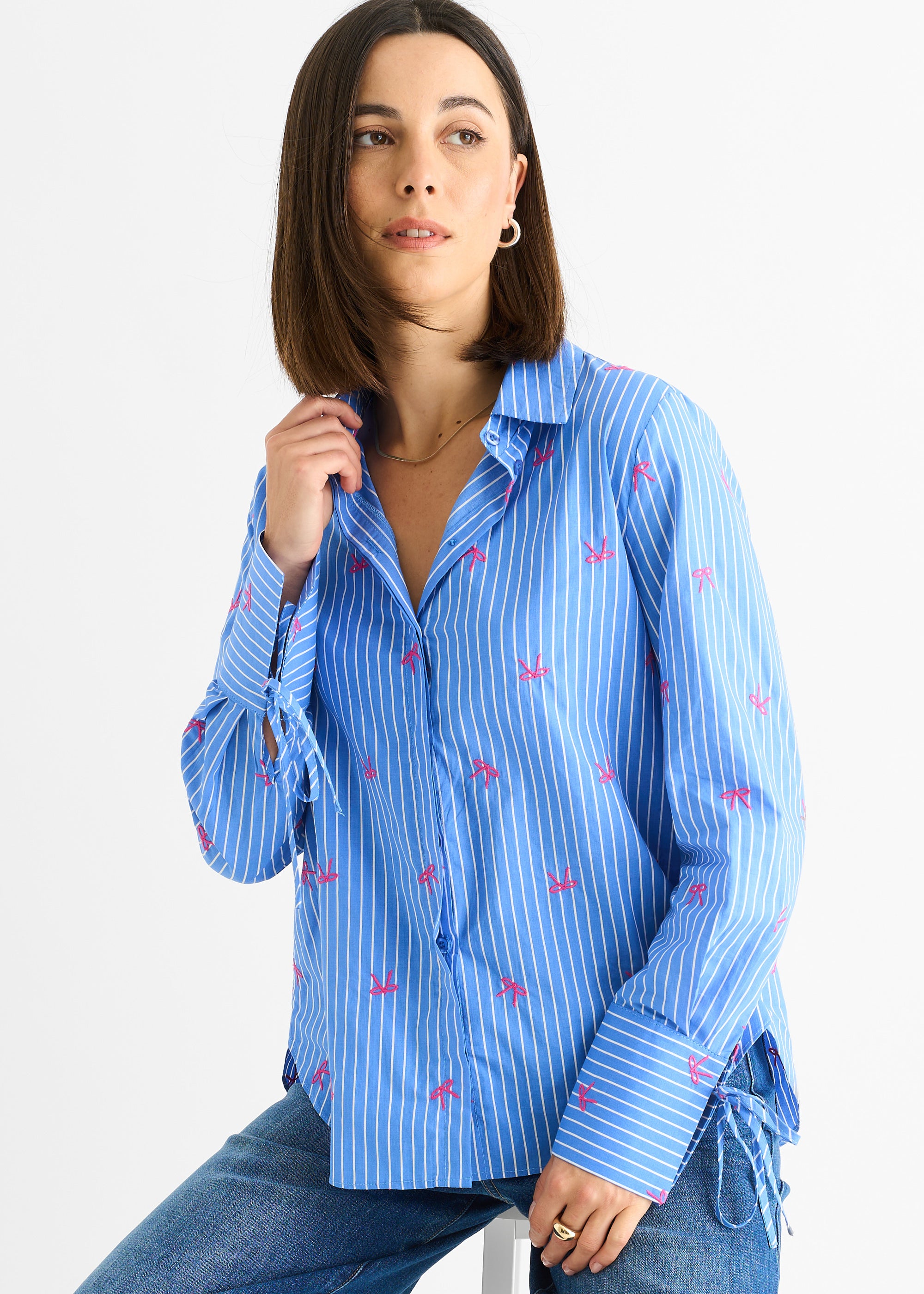 Blue Bow Embroidered Extreme Cuff Stripe Shirt