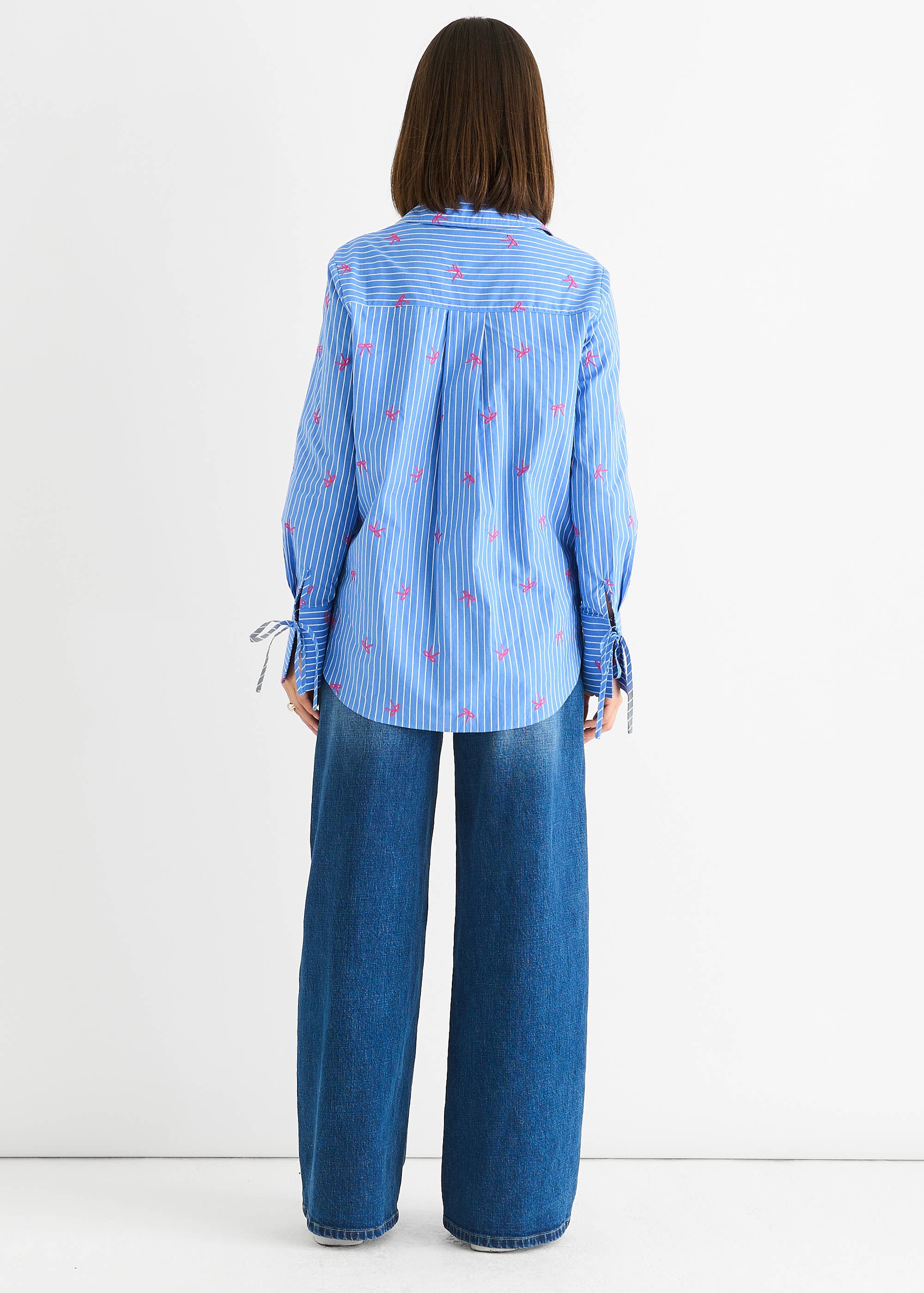 Blue Bow Embroidered Extreme Cuff Stripe Shirt
