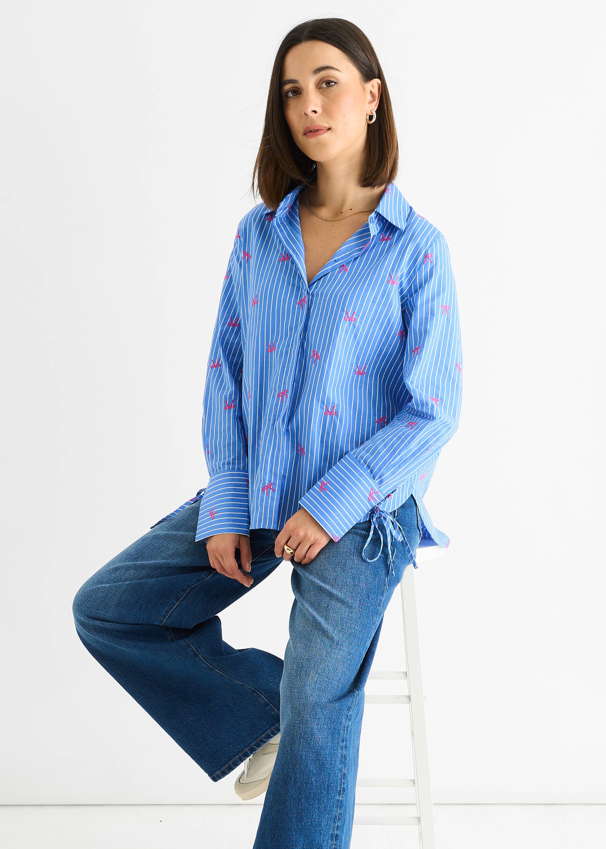 Blue Bow Embroidered Extreme Cuff Stripe Shirt