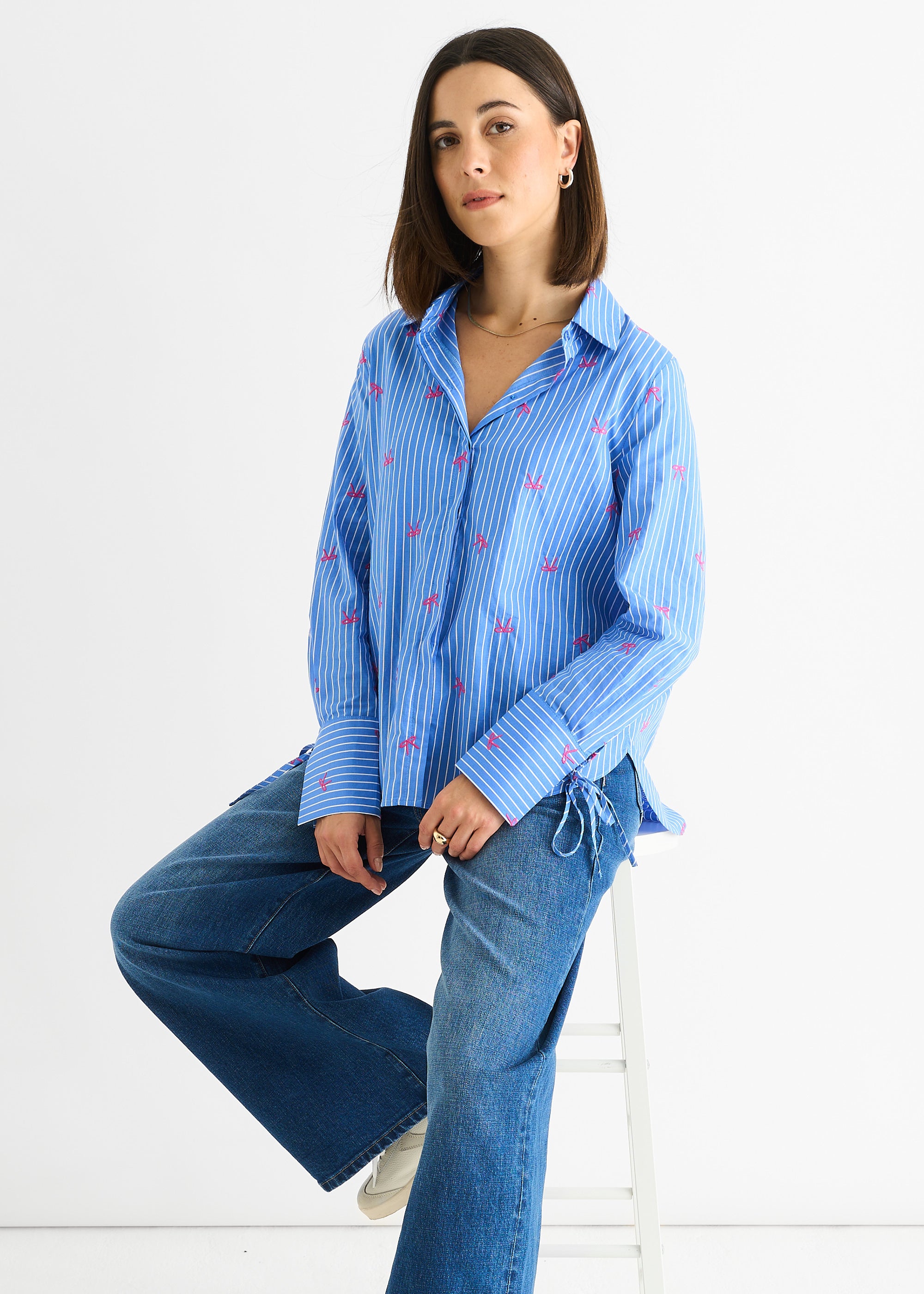 Blue Bow Embroidered Extreme Cuff Stripe Shirt
