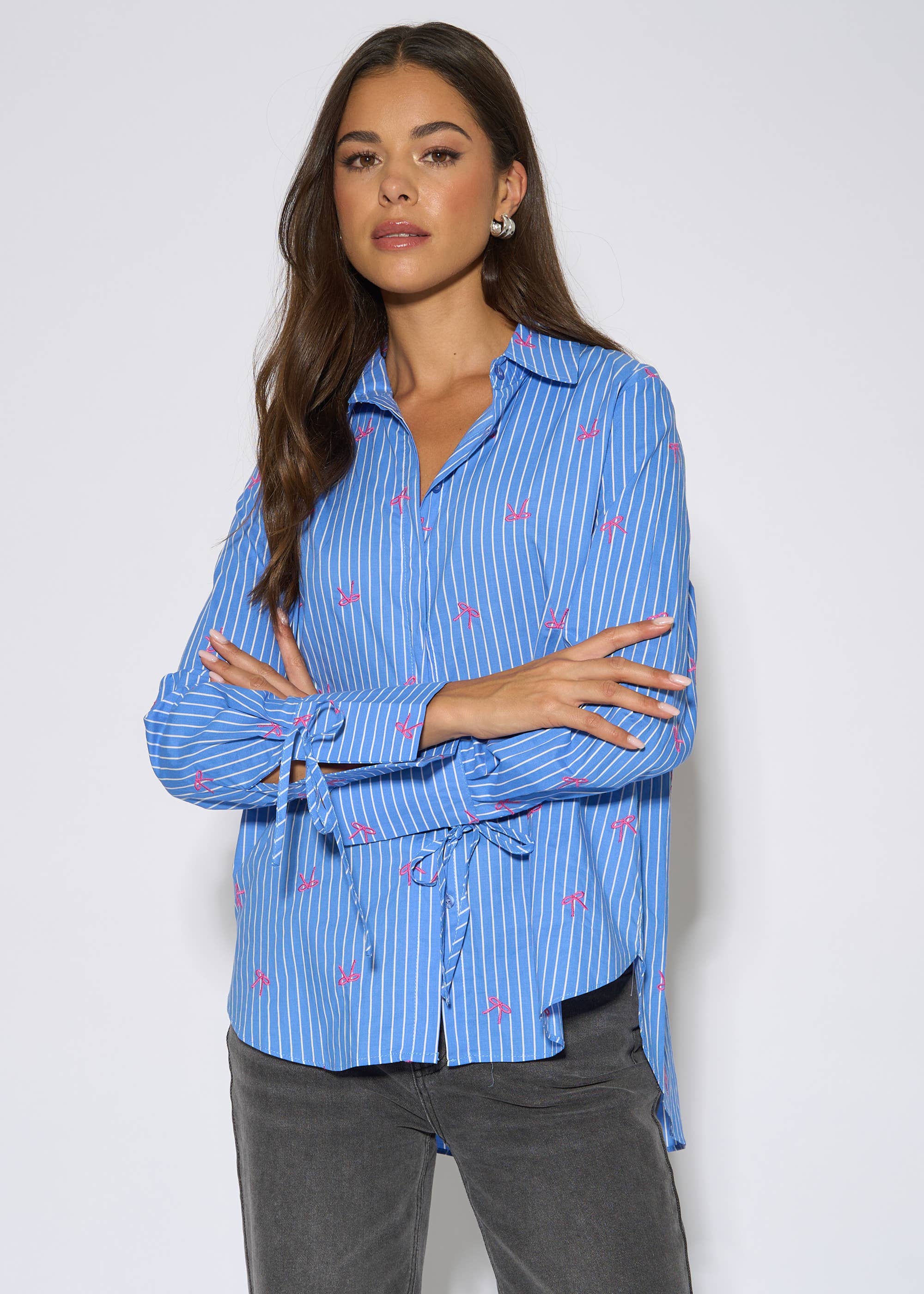 Blue Bow Embroidered Extreme Cuff Stripe Shirt