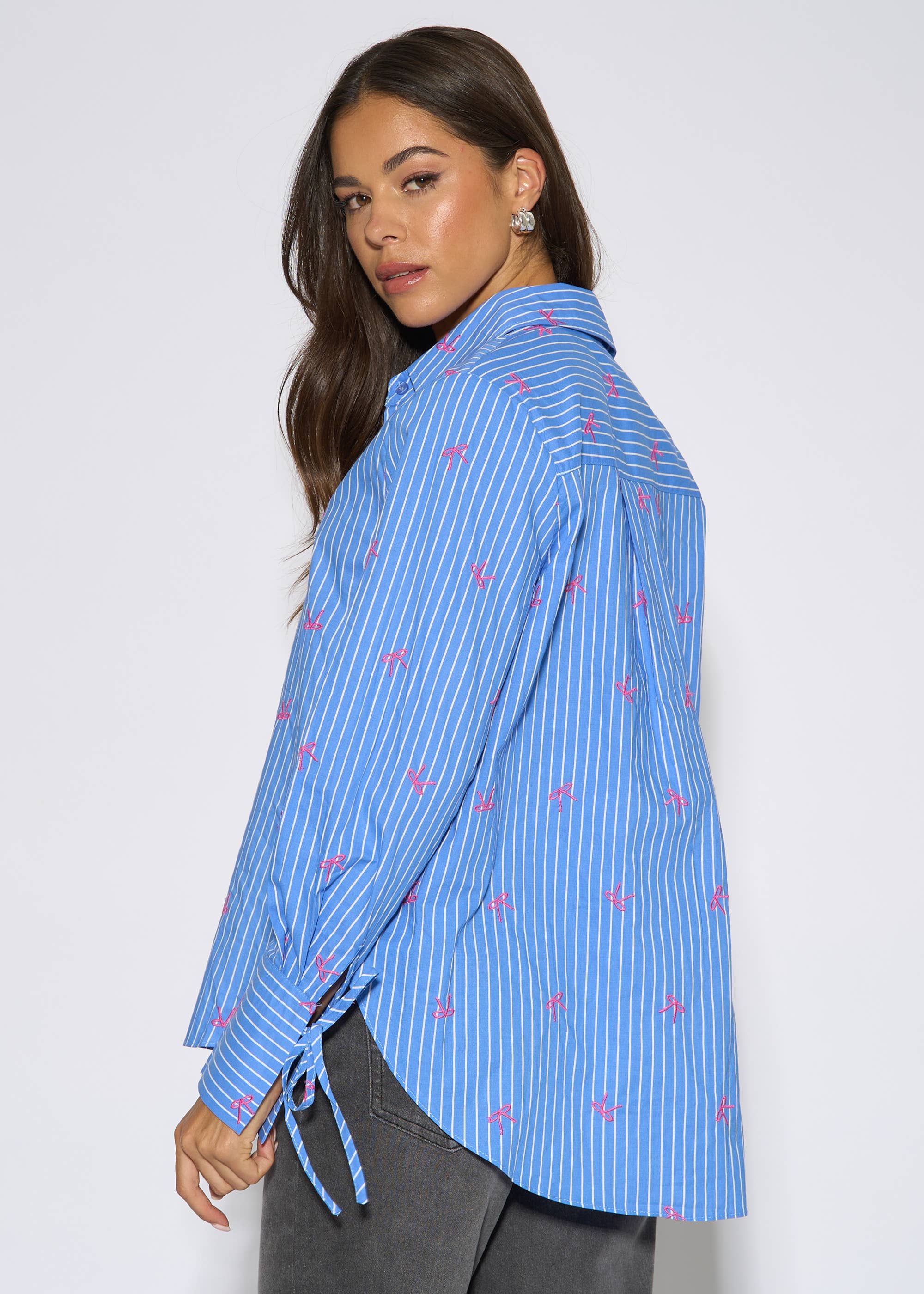 Blue Bow Embroidered Extreme Cuff Stripe Shirt