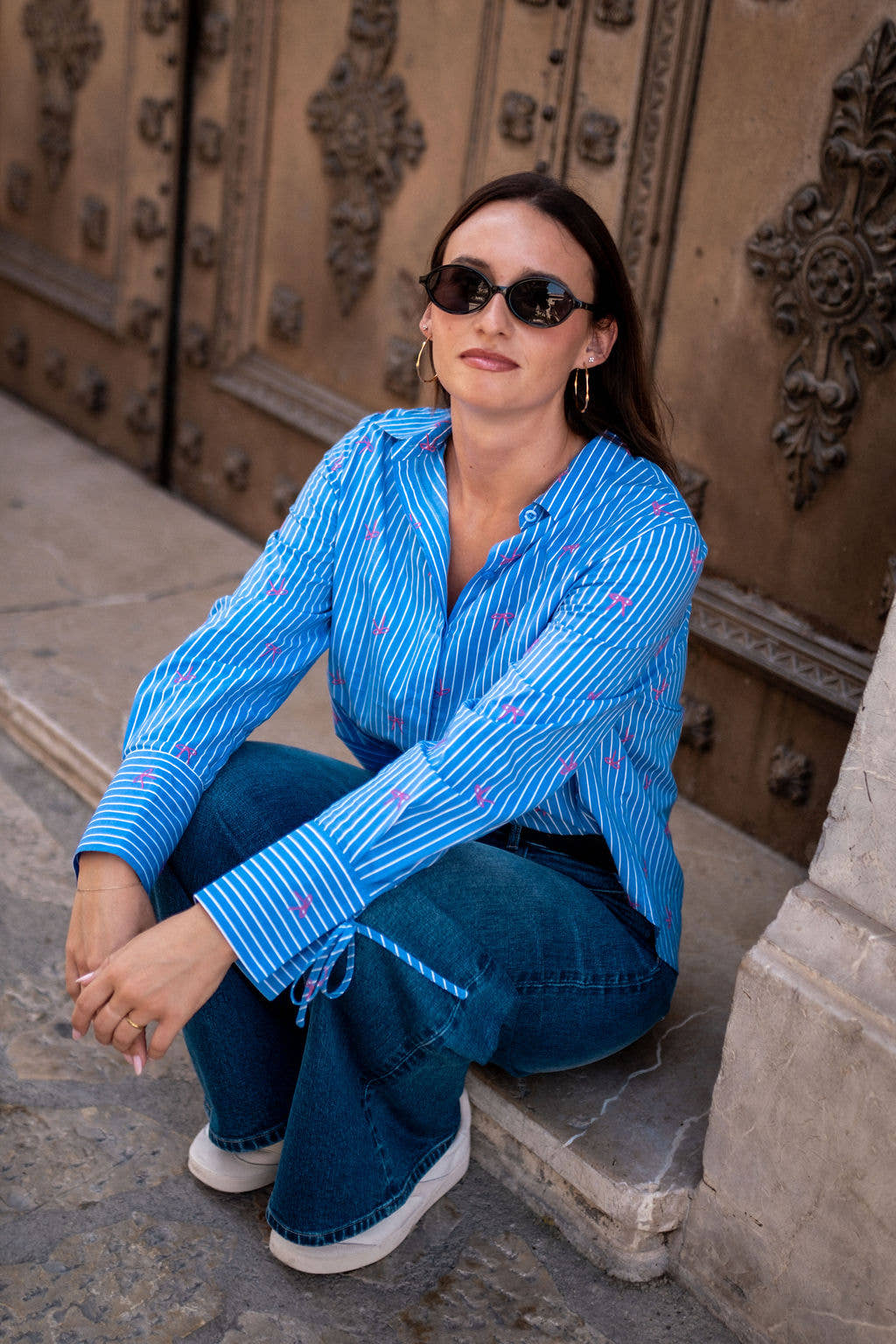 Blue Bow Embroidered Extreme Cuff Stripe Shirt