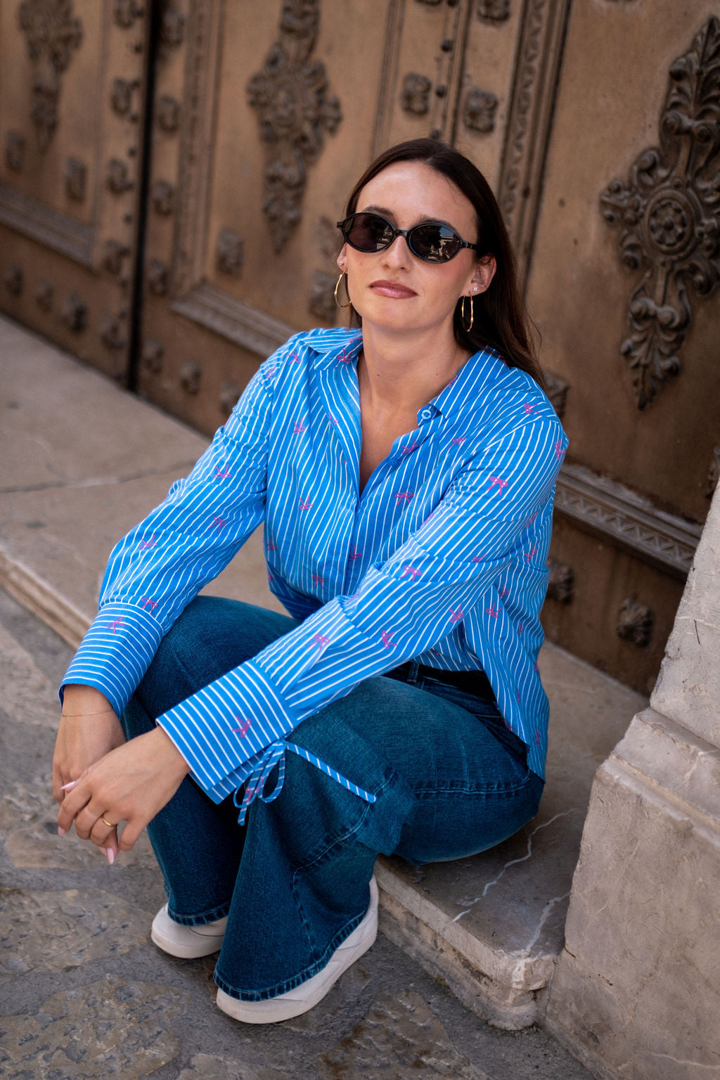 Bow Embroidered Extreme Cuff Stripe Shirt