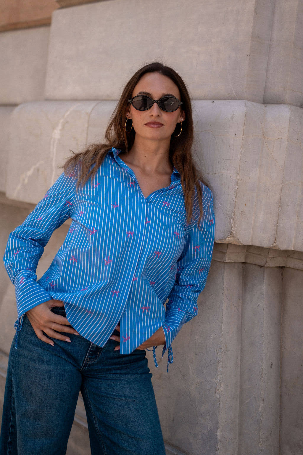 Blue Bow Embroidered Extreme Cuff Stripe Shirt