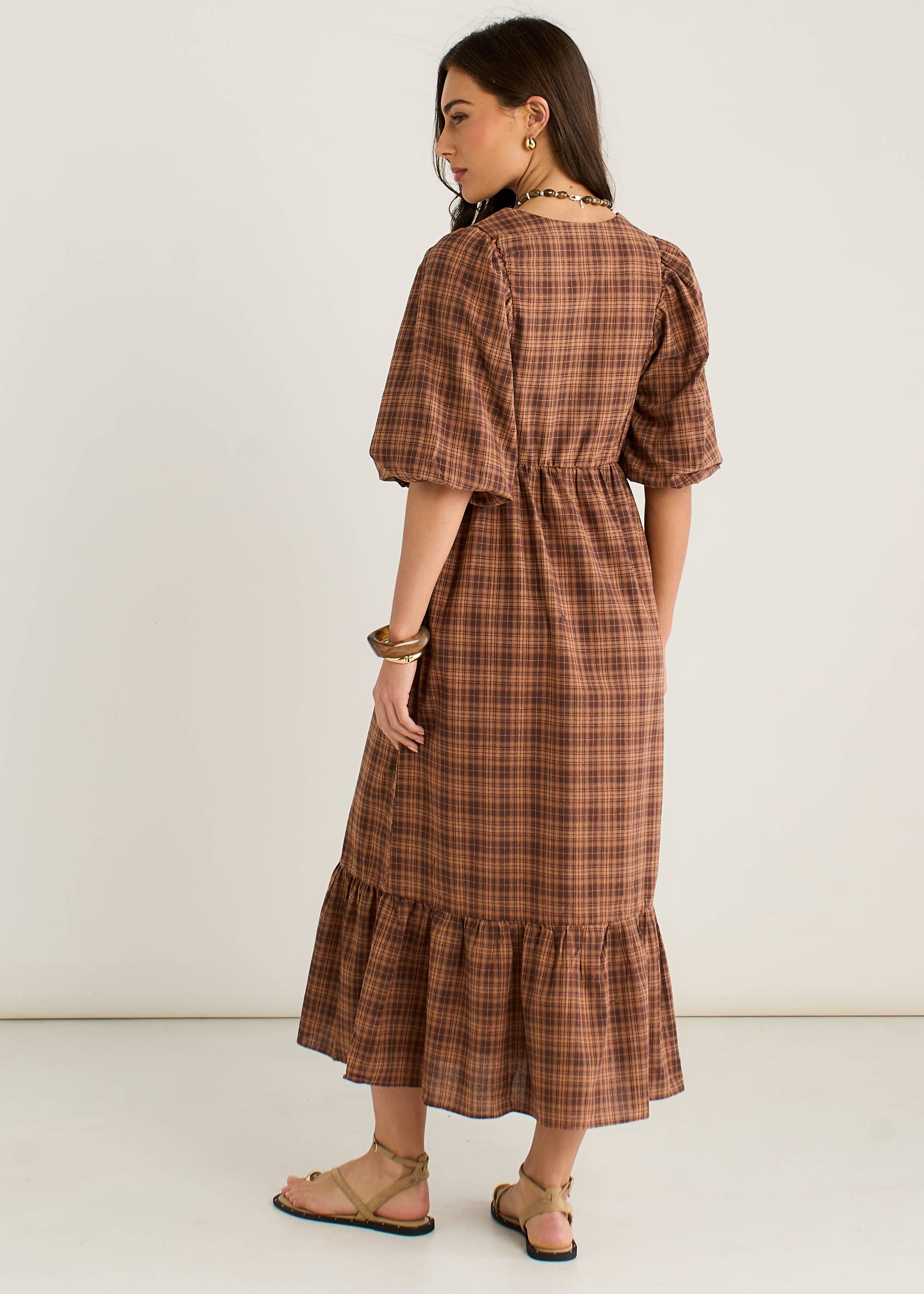 Brown Cotton Puff Sleeves V Neck Midi Dress