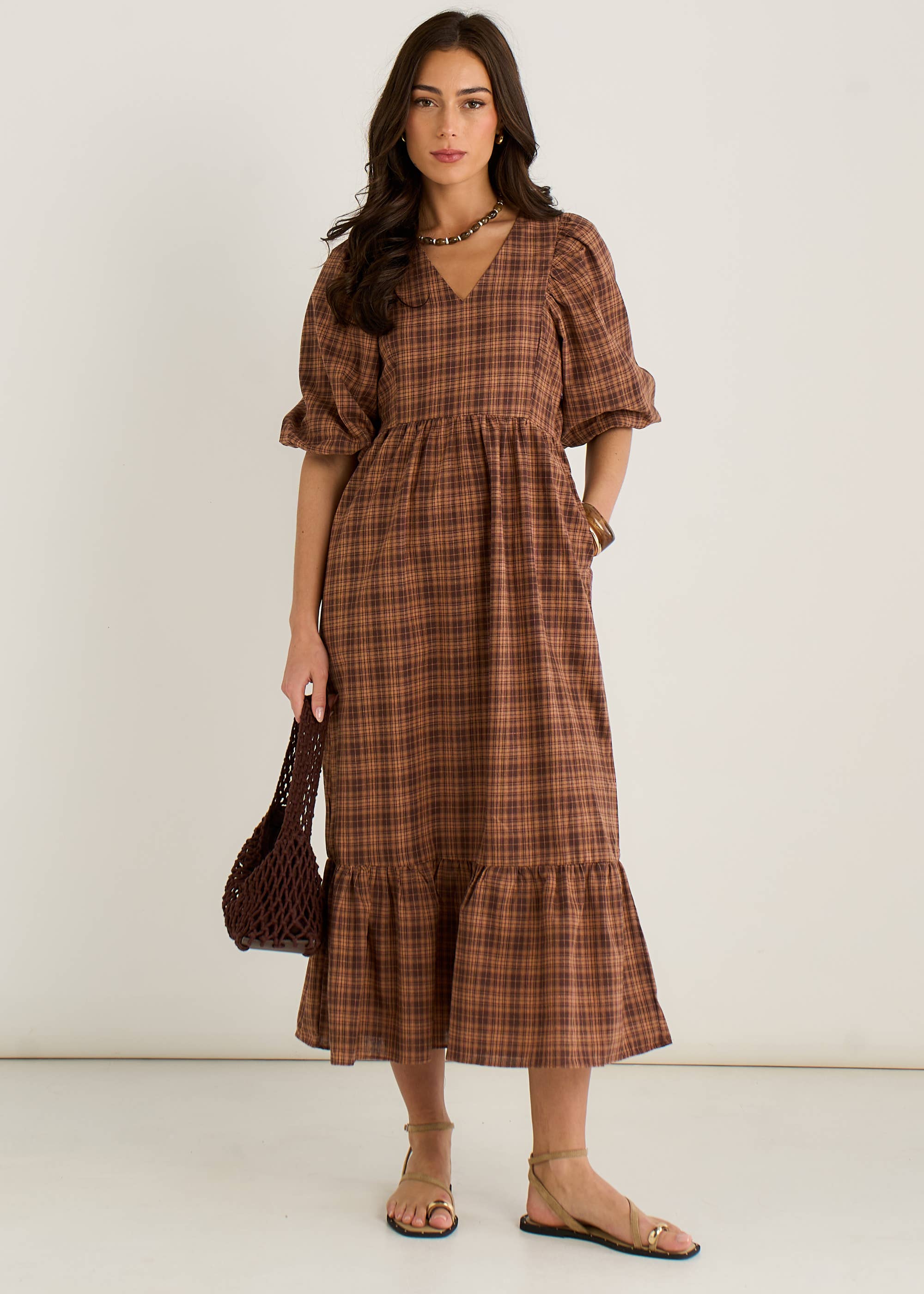Brown Cotton Puff Sleeves V Neck Midi Dress
