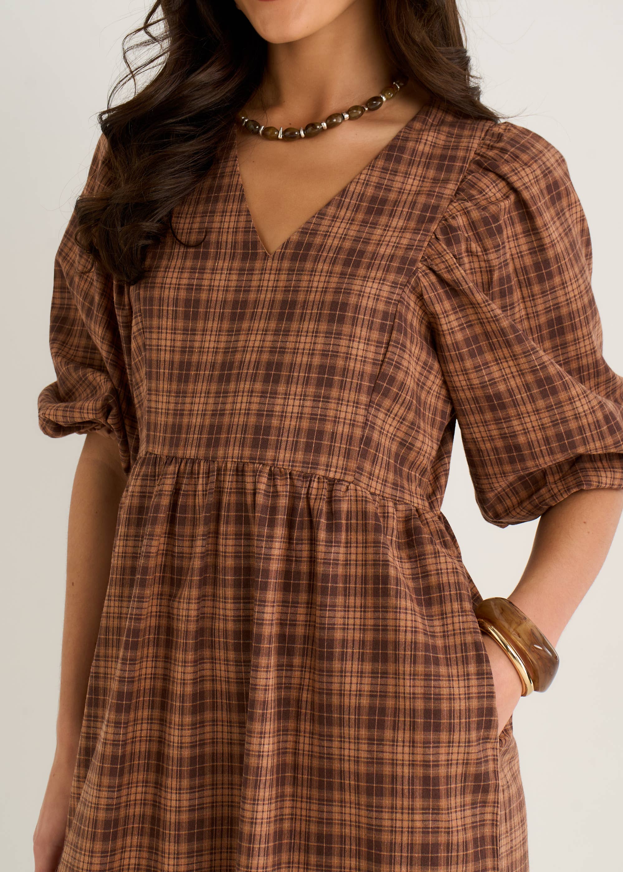 Brown Cotton Puff Sleeves V Neck Midi Dress