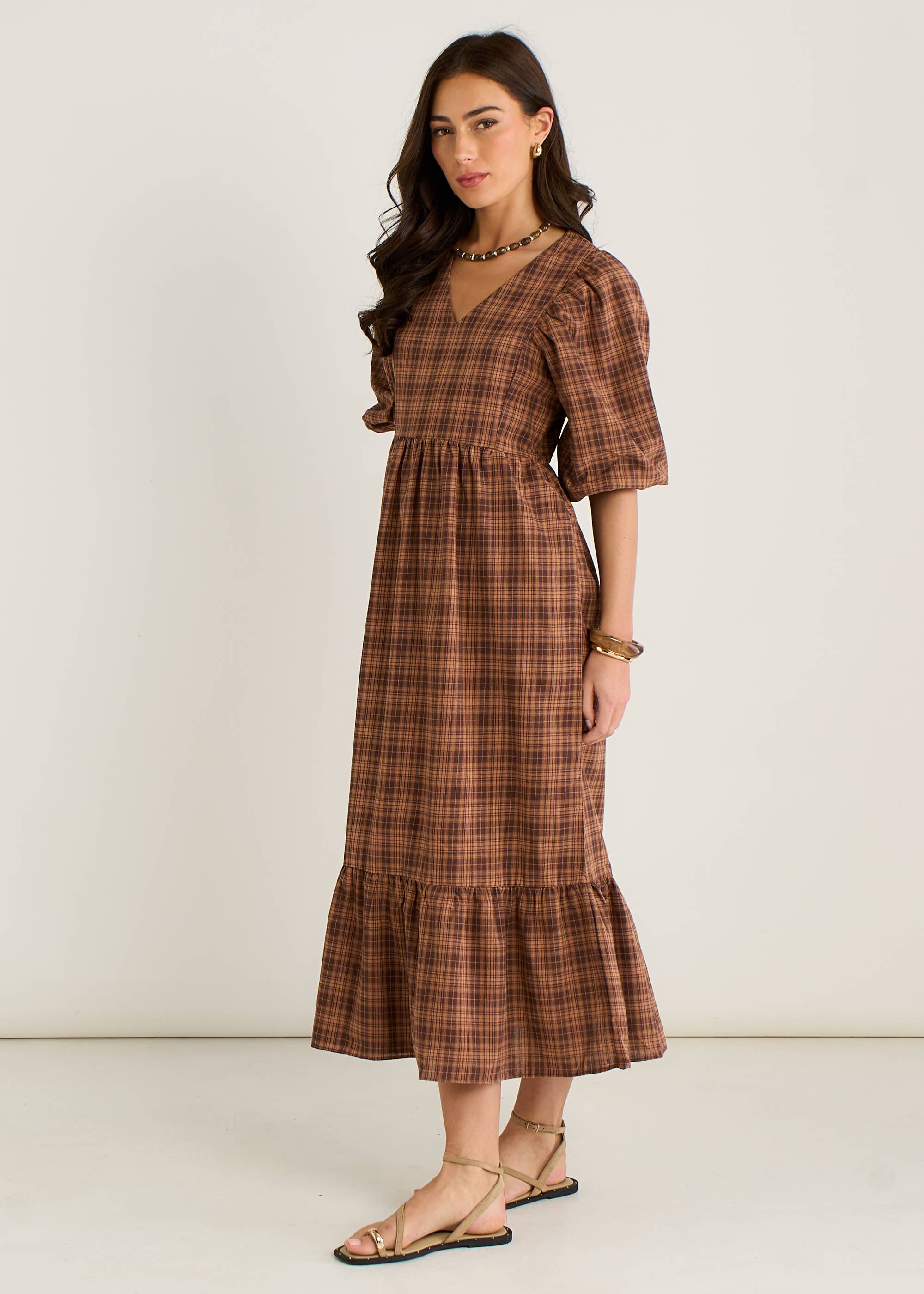 Brown Cotton Puff Sleeves V Neck Midi Dress