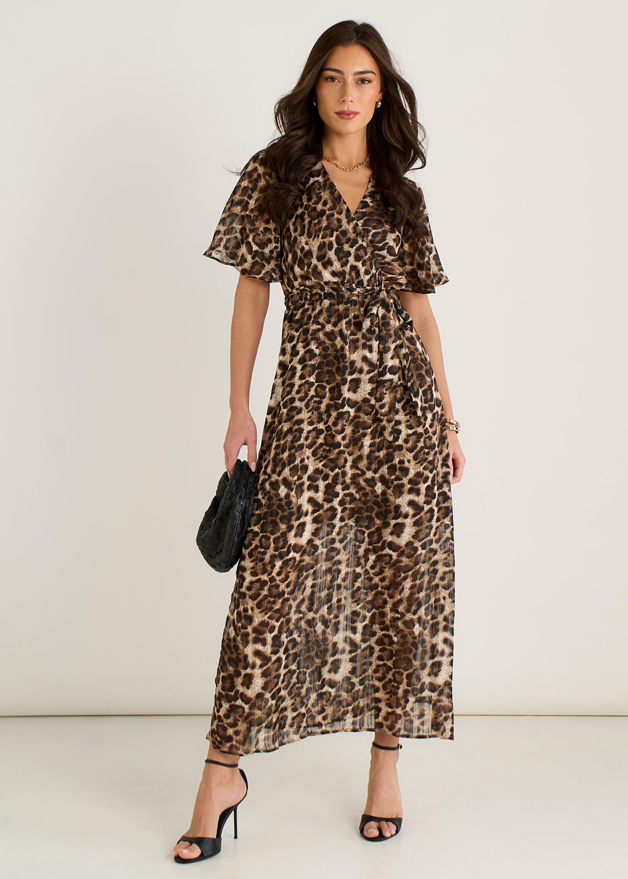 Chiffon Animal Sparkle Stripe Wrap Midi Dress