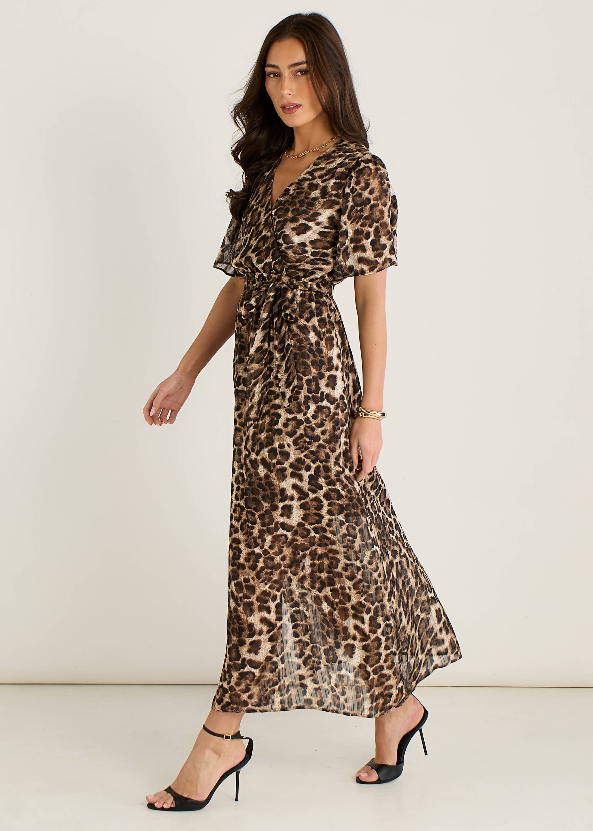 Brown Chiffon Animal Sparkle Stripe Wrap Midi Dress