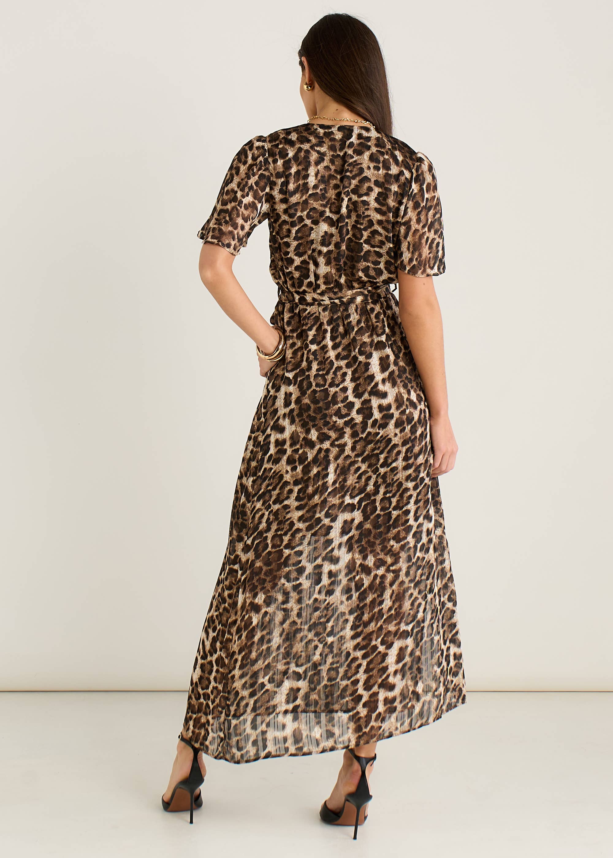 Brown Chiffon Animal Sparkle Stripe Wrap Midi Dress