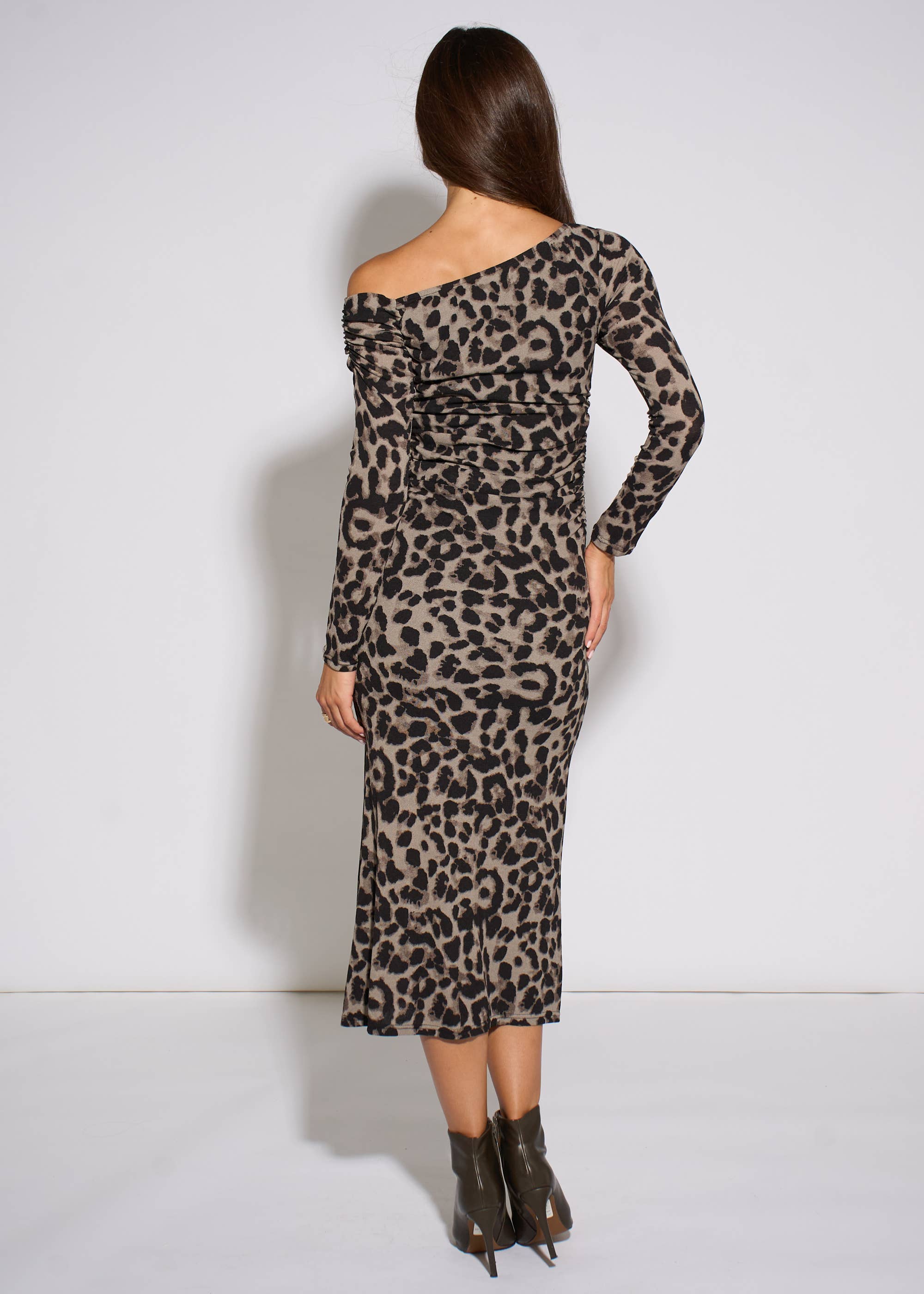 Grey Animal Jersey Animal One Shoulder Midi Dress