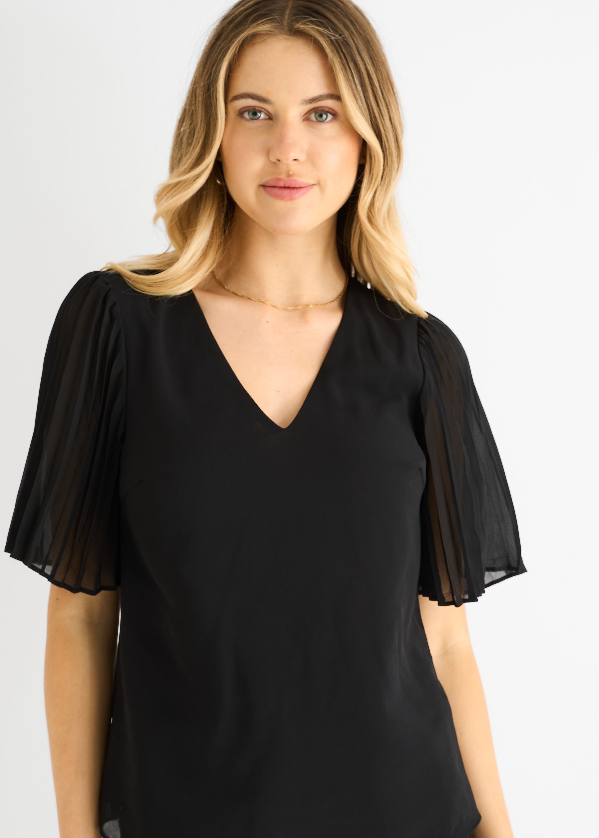 Chiffon Pleat Sleeves V Neck Top