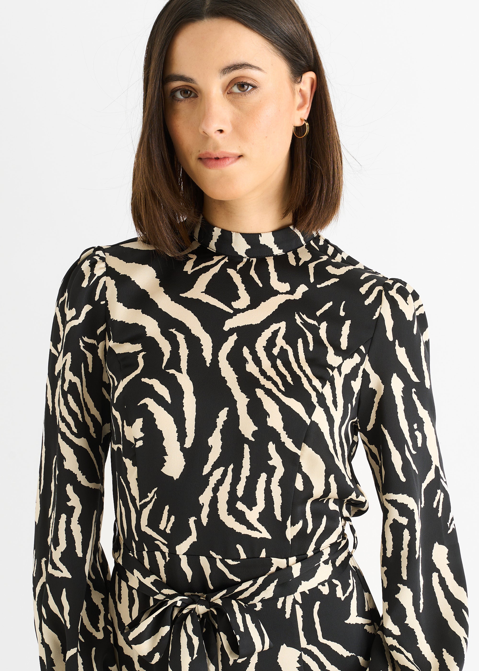 Black Animal High Neck Satin Midi Dress