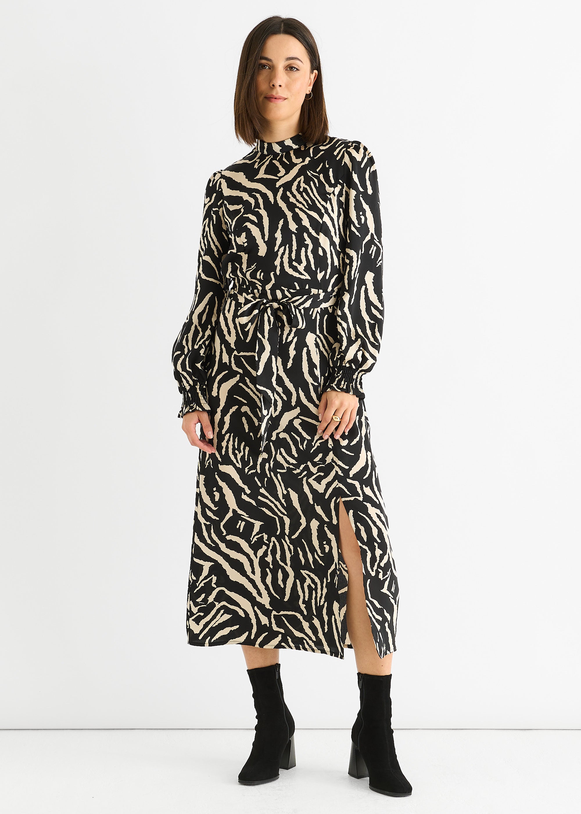 Black Animal High Neck Satin Midi Dress