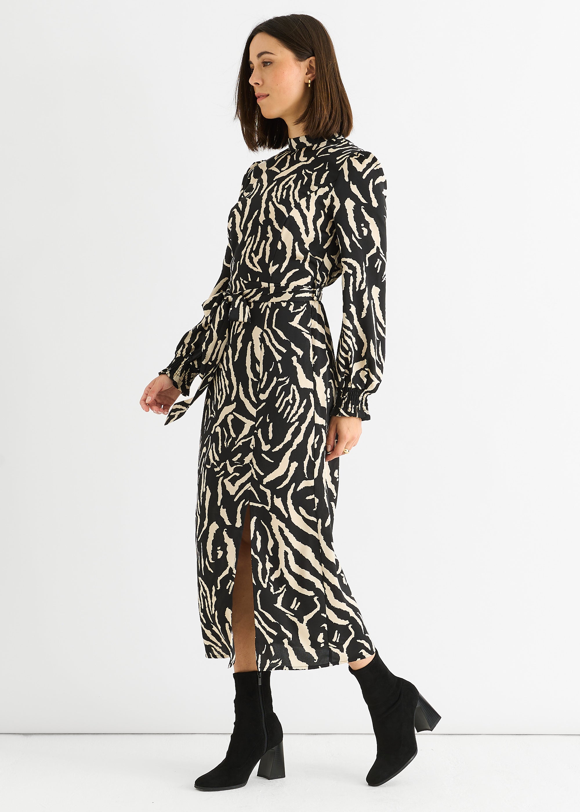 Black Animal High Neck Satin Midi Dress