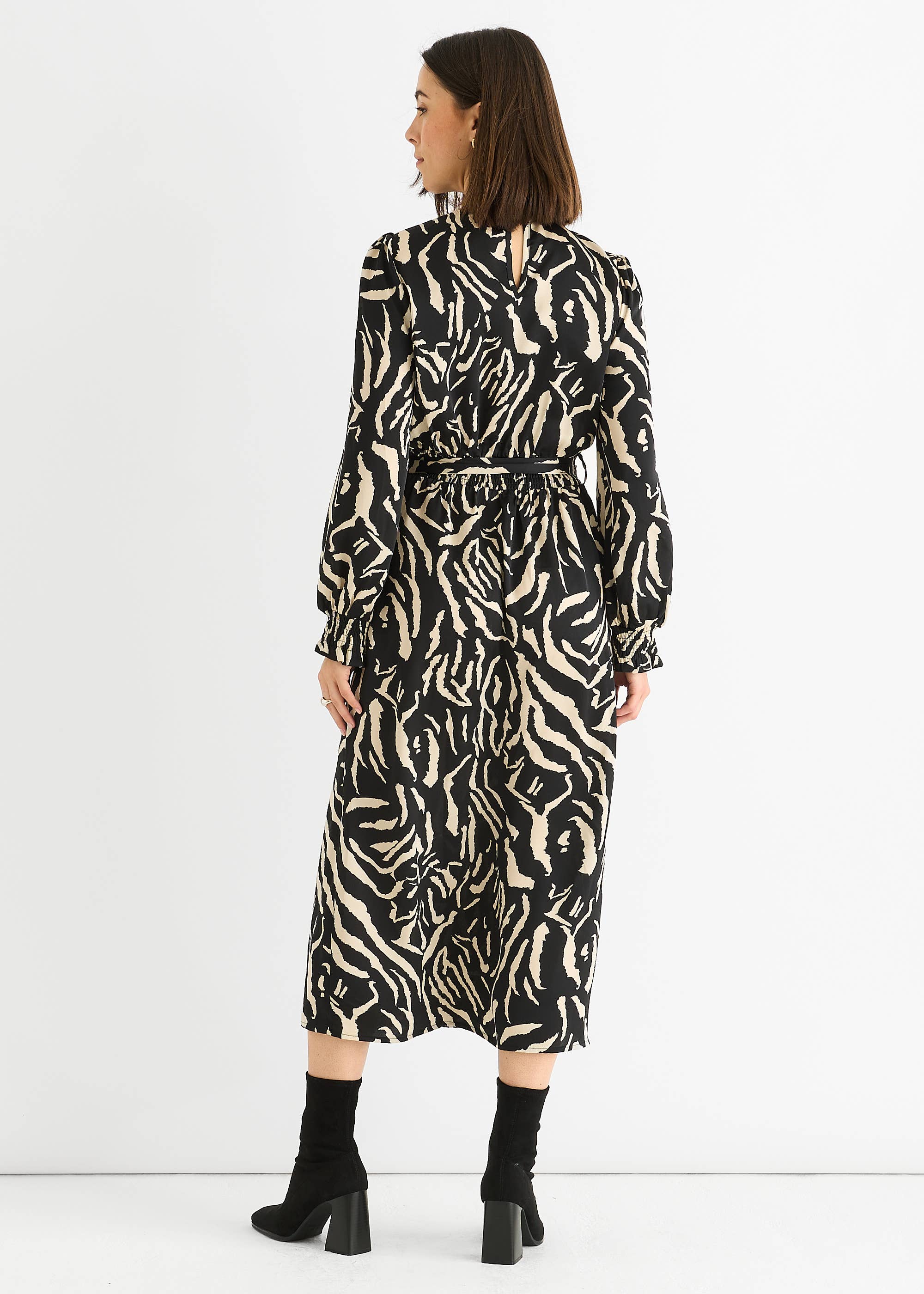 Black Animal High Neck Satin Midi Dress
