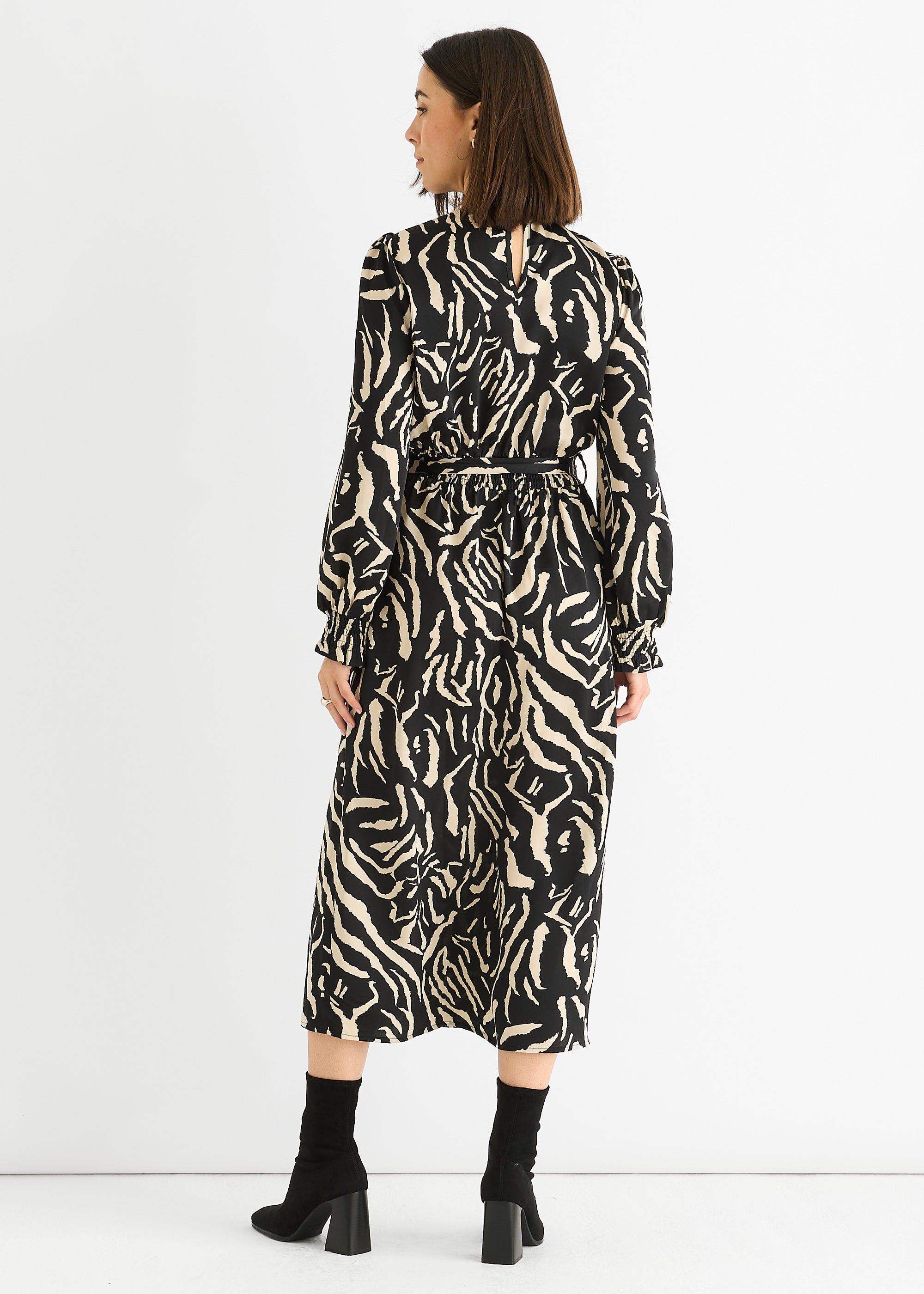 Black Animal High Neck Satin Midi Dress