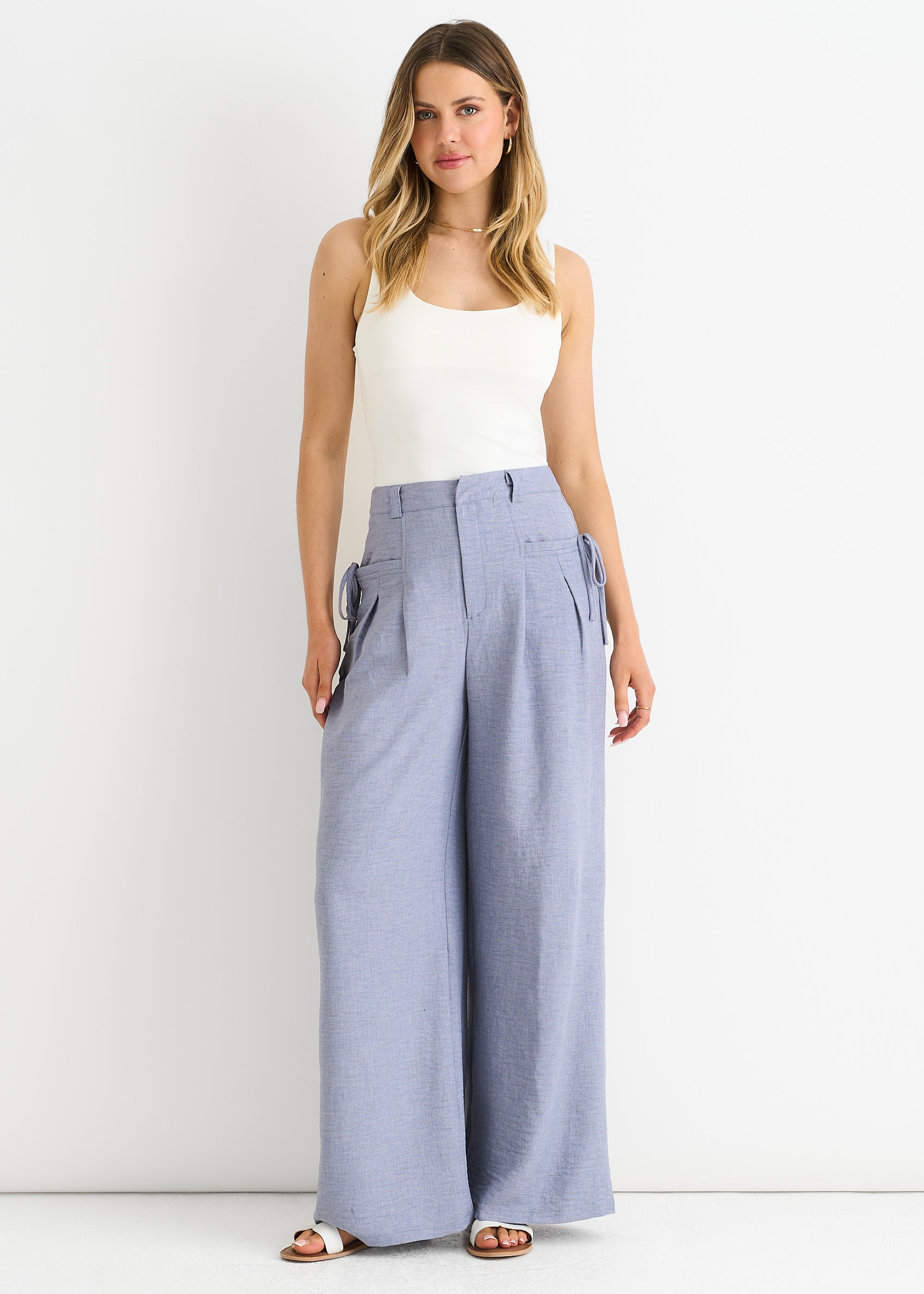 Linen Look High Waist Wide Leg Trousers