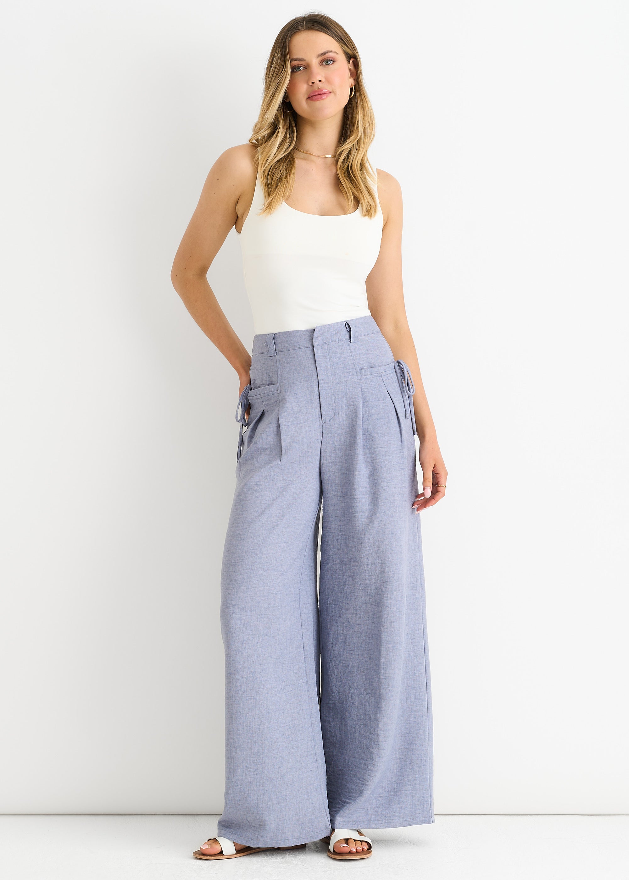 Linen Look High Waist Wide Leg Trousers