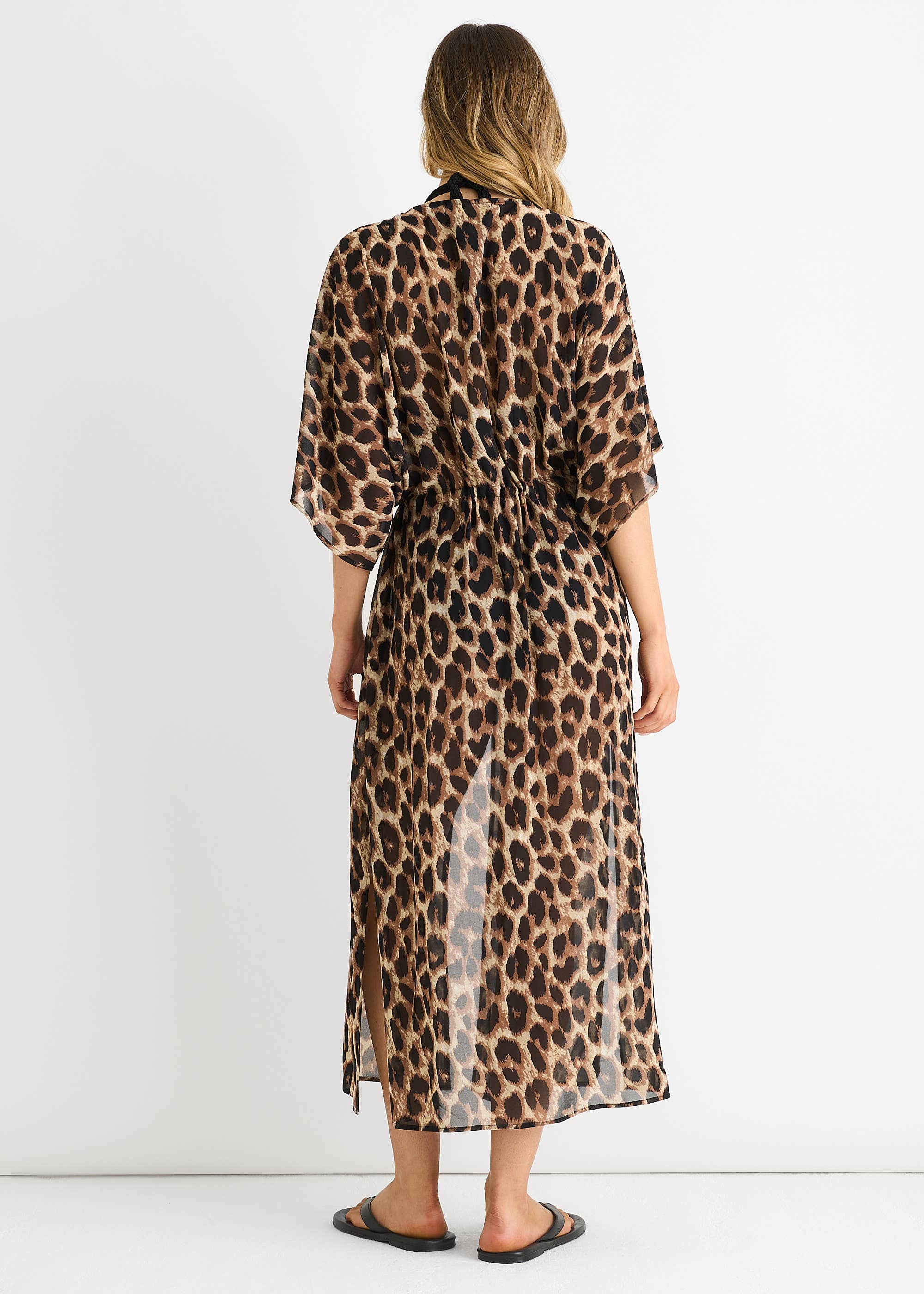 Brown Animal Print Flowy Open Front Beach Cover Kimono