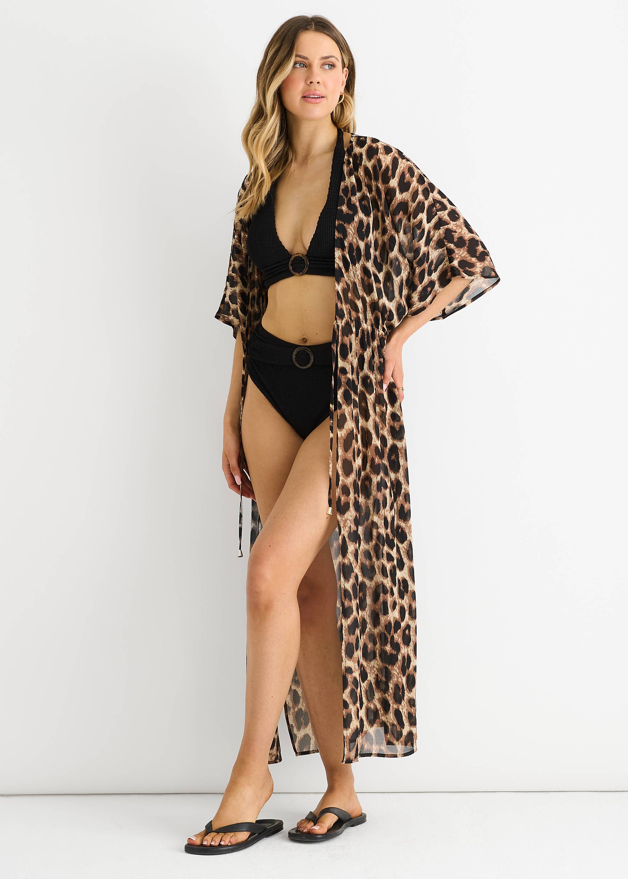 Brown Animal Print Flowy Open Front Beach Cover Kimono