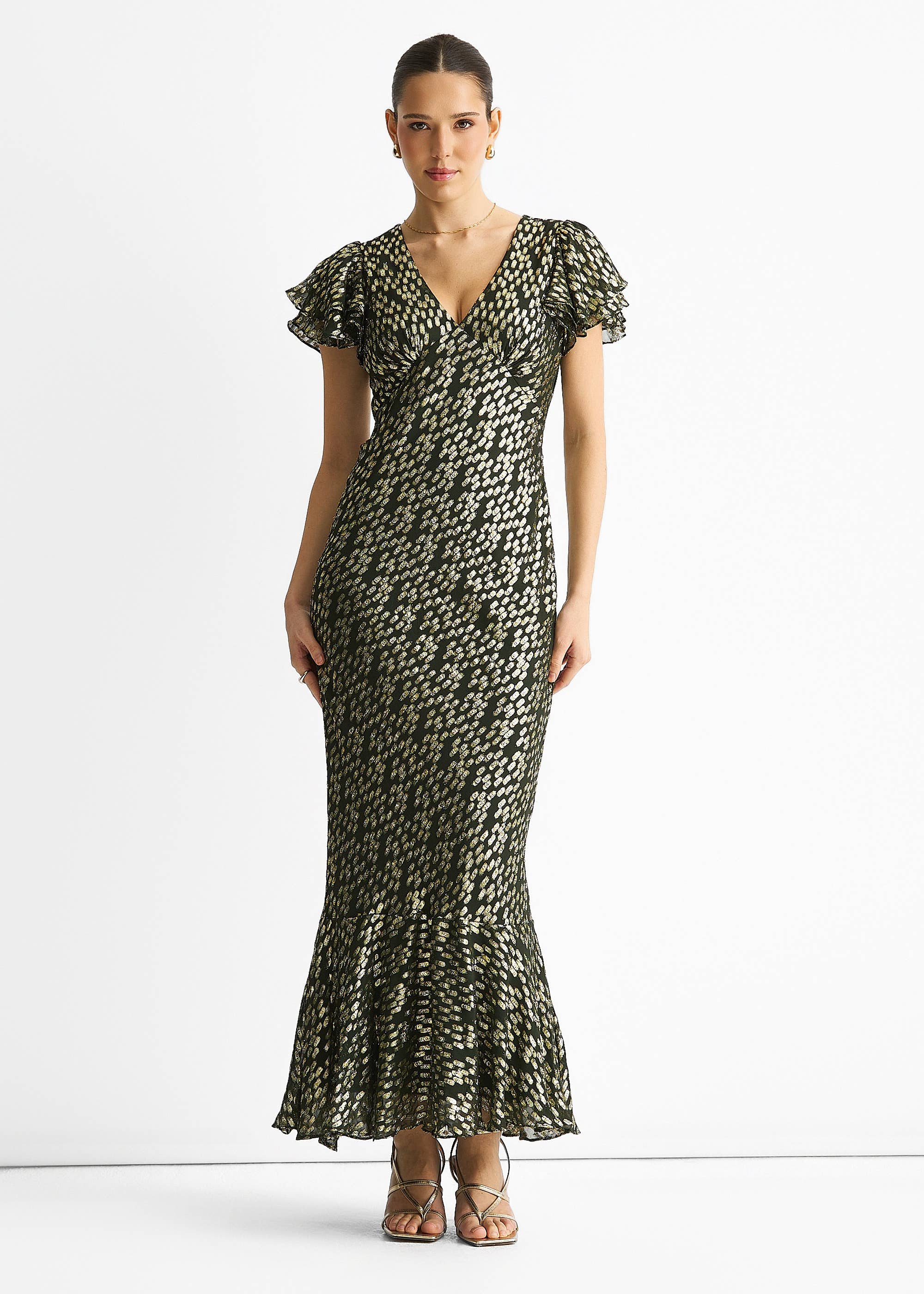 Dark Green Viscose Clipped Gold Jacquard Bias Cut Maxi Dress