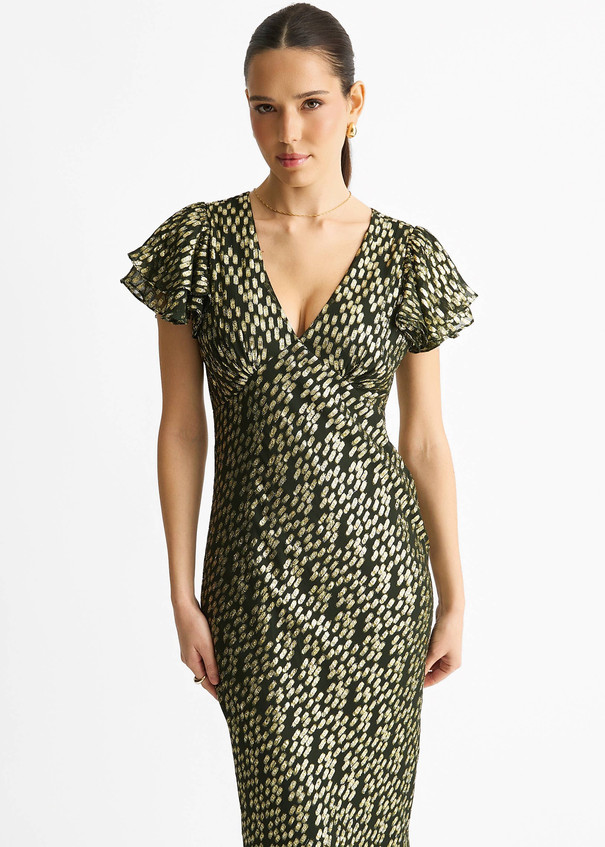 Dark Green Viscose Clipped Gold Jacquard Bias Cut Maxi Dress