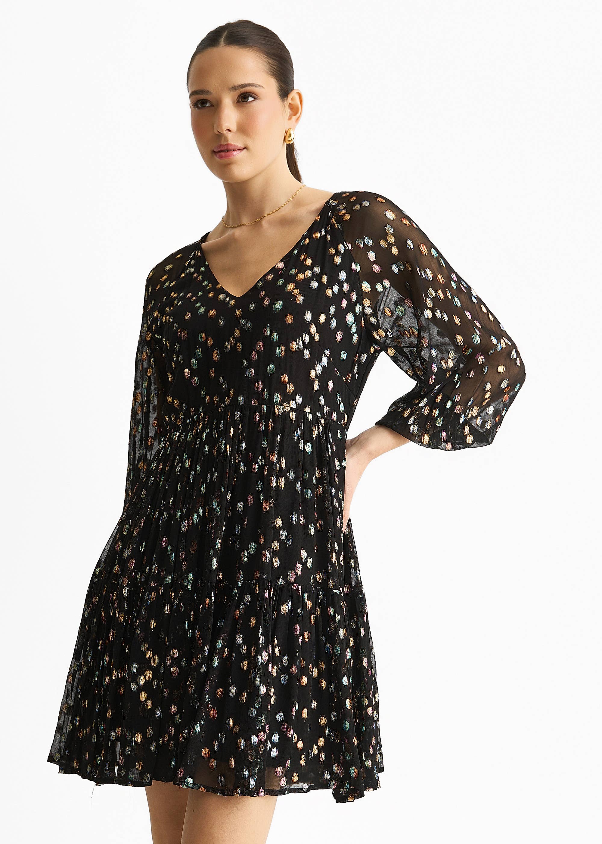Black Multicolored Polka Dot Tiered Dress