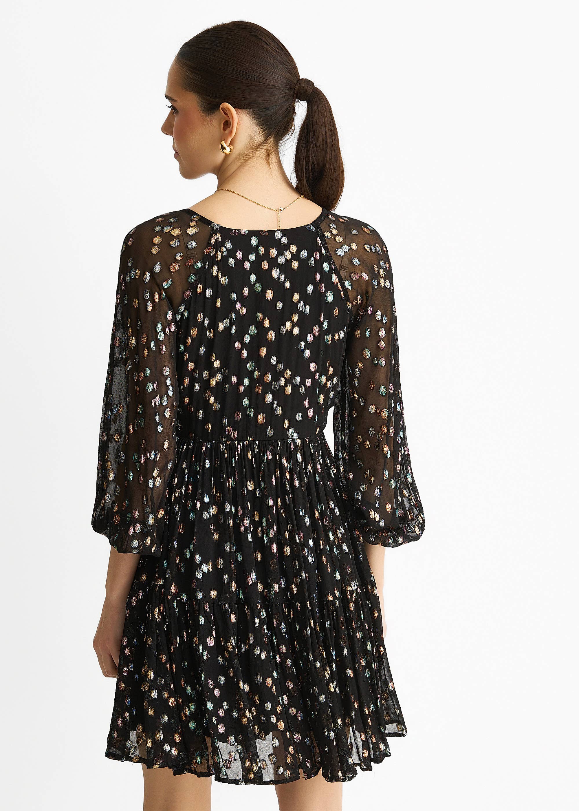 Black Multicolored Polka Dot Tiered Dress