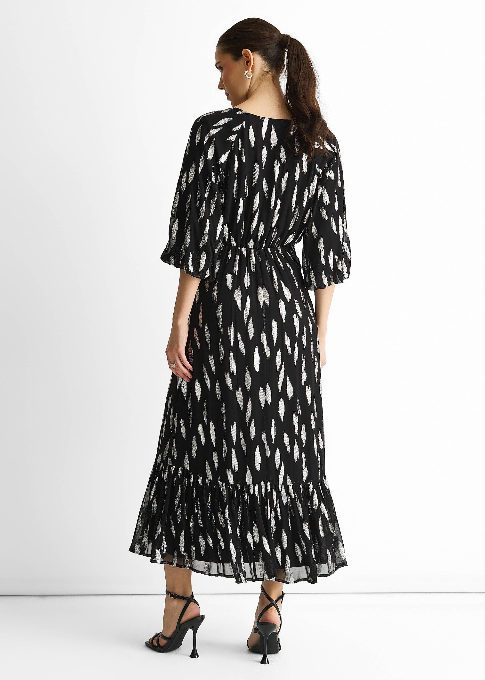 Black Viscose Clipped Balloon Sleeve Maxi Dress