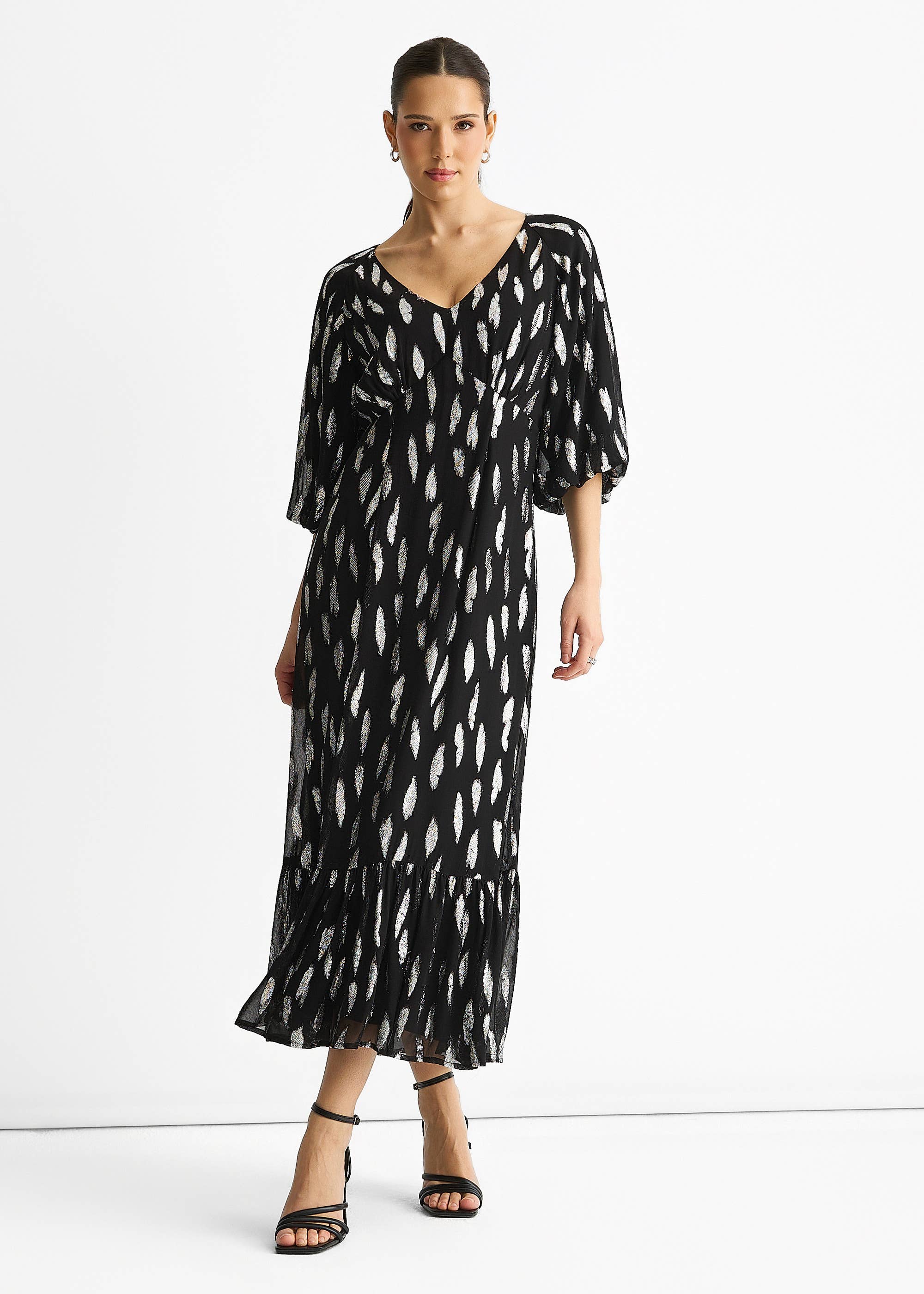 Black Viscose Clipped Balloon Sleeve Maxi Dress