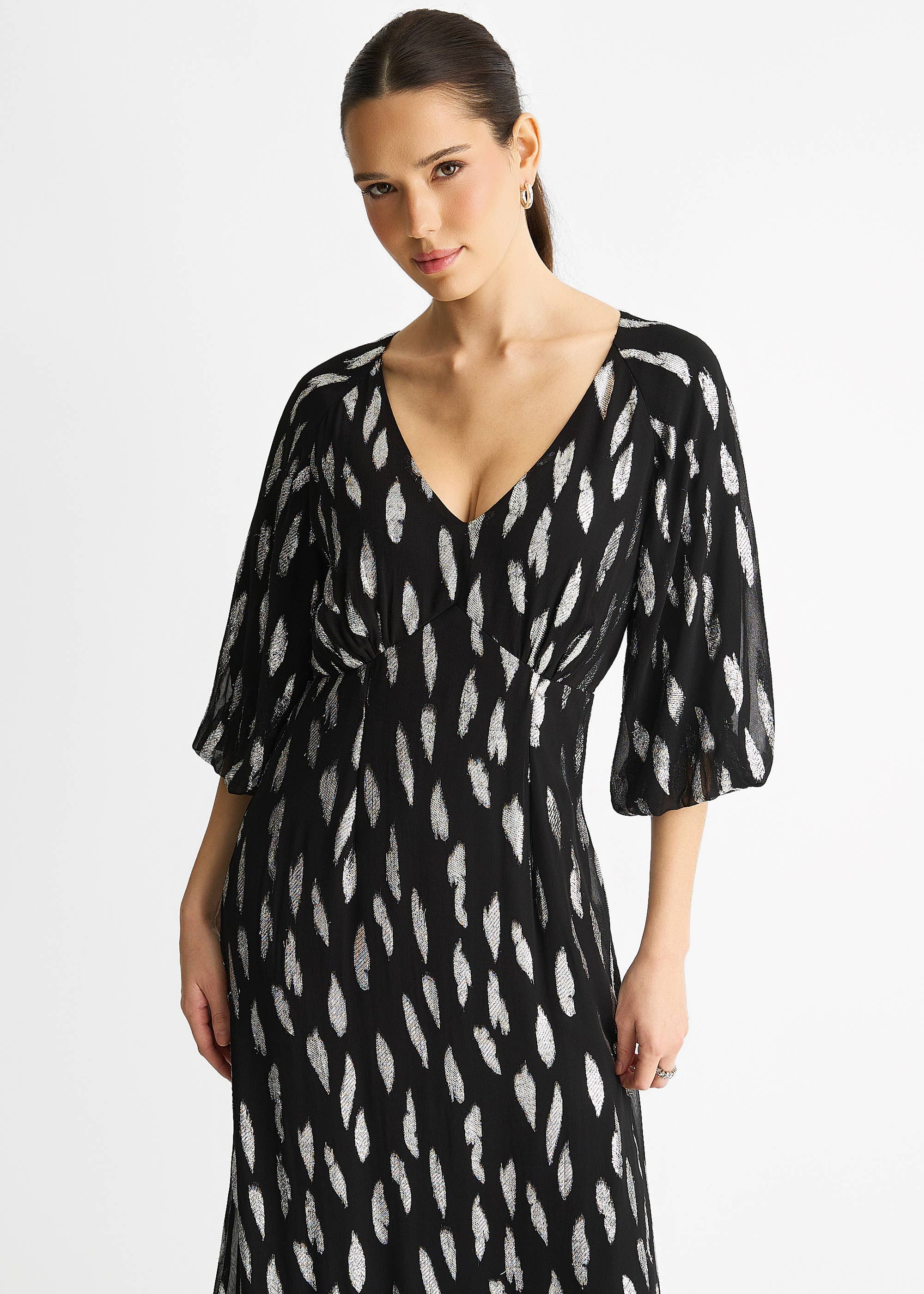 Black Viscose Clipped Balloon Sleeve Maxi Dress